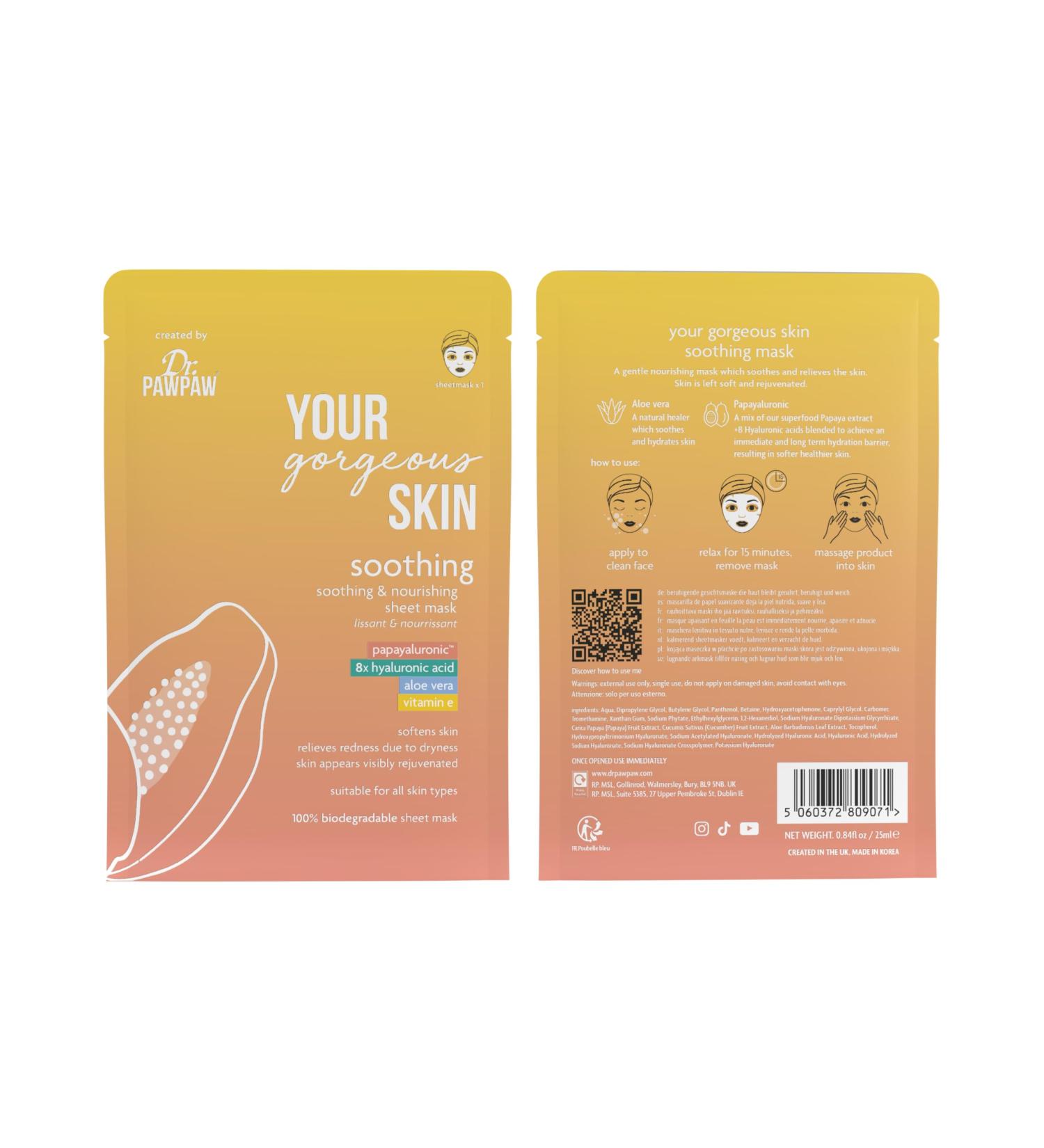 Dr. PawPaw Your Gorgeous Skin Soothing & Nourishing Sheet Mask |Papayaluronic 8x Hyaluronic acid Aloe Vera & Vitamin E | Softens Skin Relieves Redness & appears Visibly Rejuvinated