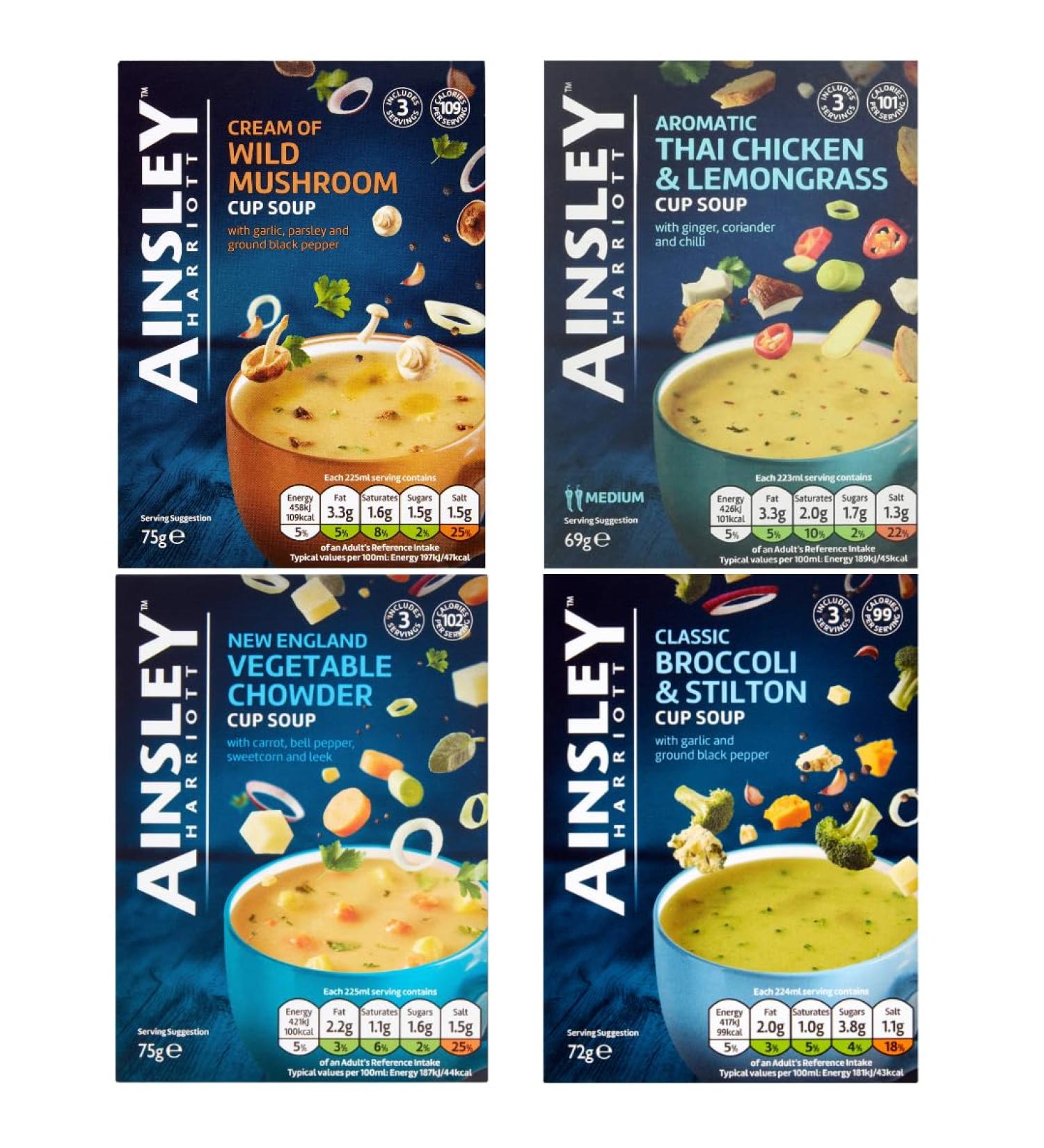 Cup Soup Bundle With Ainsley Harriott Broccoli & Stilton Cup Soup 72g Vegetable Chowder Cup Soup 75g Thai Chicken & Lemongrass Cup Soup 69g & Cream of Wild Mushroom Cup Soup 75g (4 Pack) - Buy Online on GoSupps.com