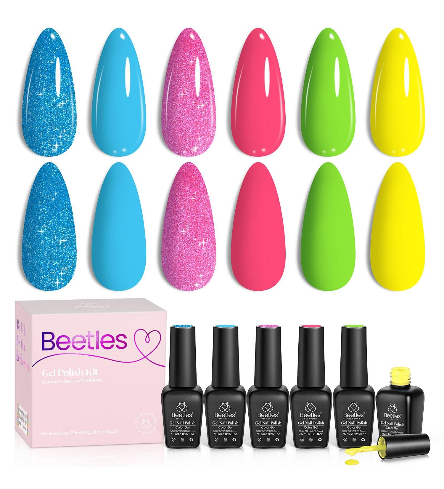beetles Gel Polish 6 Pcs Neon Hot Pink Glitter Nail Set Green Blue Shimmer Summer Cursh Nail Design Gel Nail Soak Off Nail Lamp Cured Manicure Kit for Women Girls A-Summer Crush - Buy Online on GoSupps.com