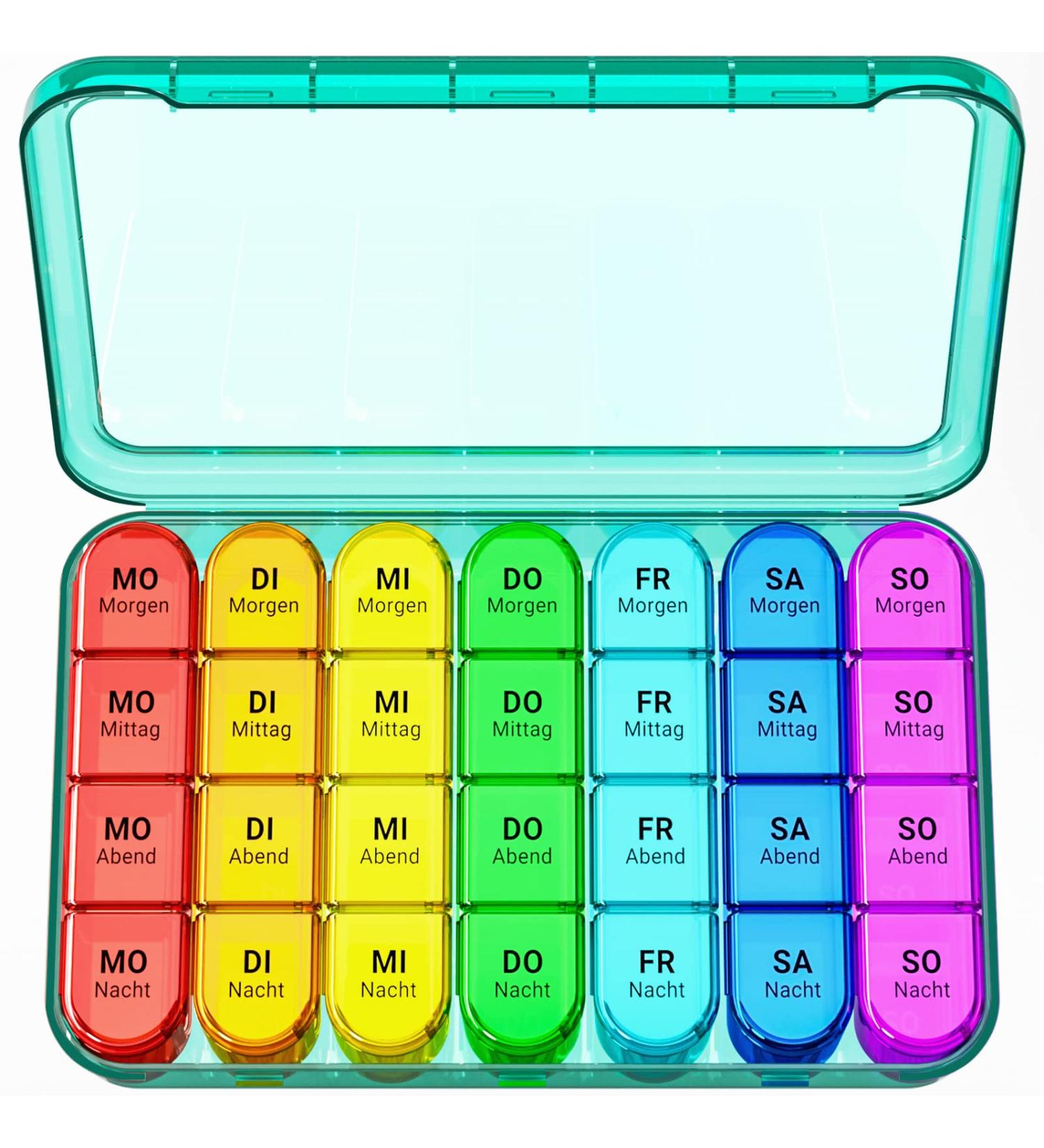 7-Day Pill Organizer with 4 Compartments - Large Portable Medication Box for Tablets | Removable Cyan Housing - Ideal for Daily Dosing - Buy Online on GoSupps.com