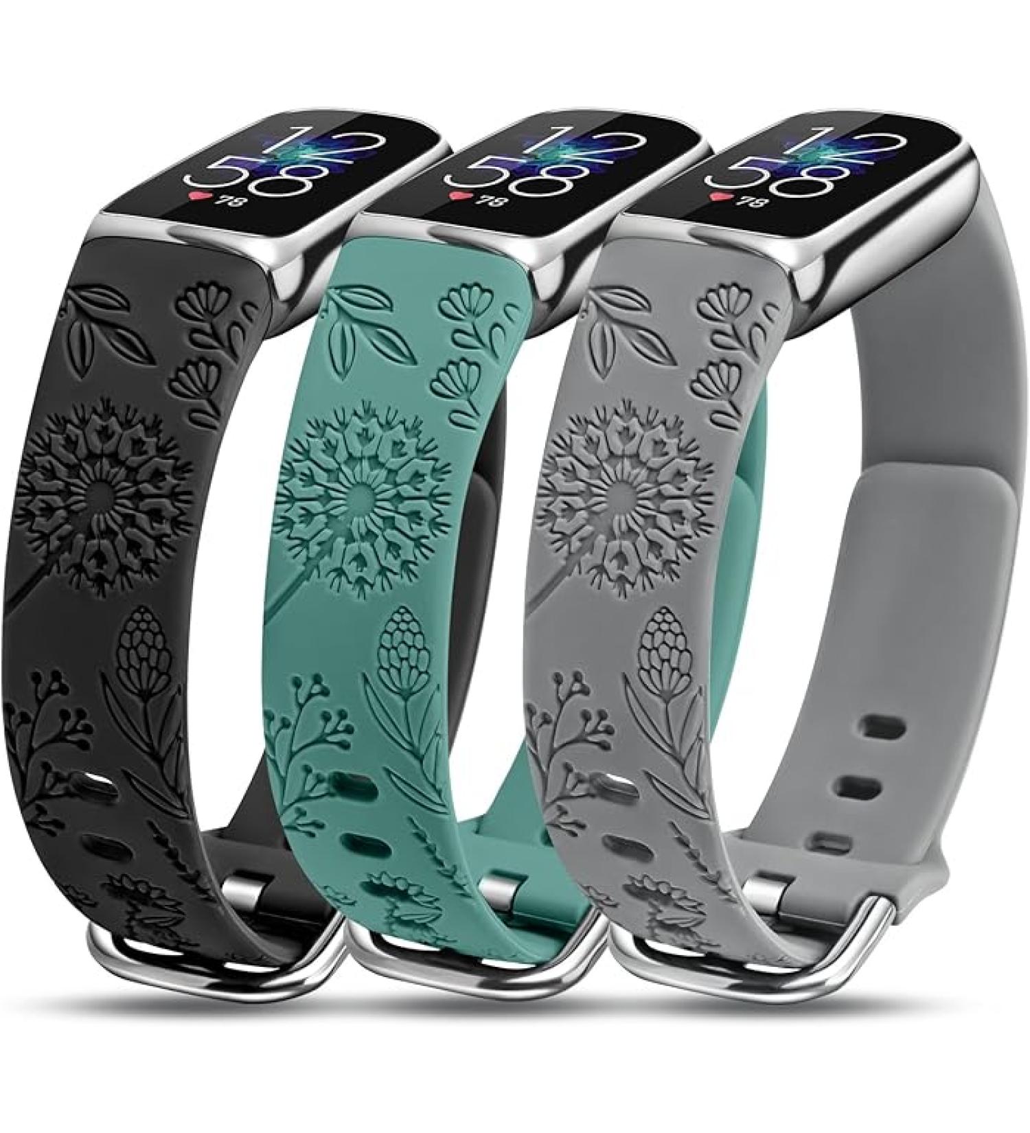 Minyee Soft Silicone Floral Engraved Sport Strap Dandelion Wristband Replacement Compatible with Fitbit Luxe Bands for Women for Fitbit Luxe Watch Bands - pack of 3 - Black & Green & Gray - Buy Online on GoSupps.com