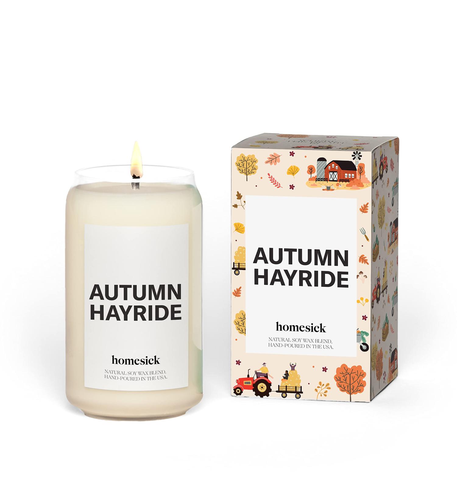 Homesick Autumn Hayride Scented Candle - 13.75 oz Natural Soy Wax 60-80 Hour Burn Time Perfect Gift for Women & Men Notes of Fresh Hay Nutmeg & Tonka - Buy Online on GoSupps.com