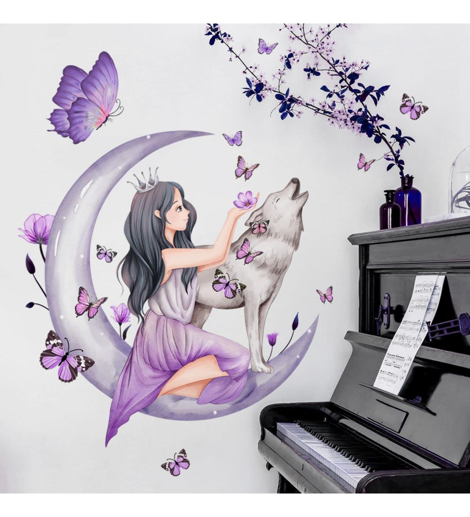 OOTSR Butterfly Girl Wall Stickers Moon Wolf Flower Fairy - Removable Vinyl Wall Art for Girls Nursery & Bedroom Decor - Buy Online on GoSupps.com