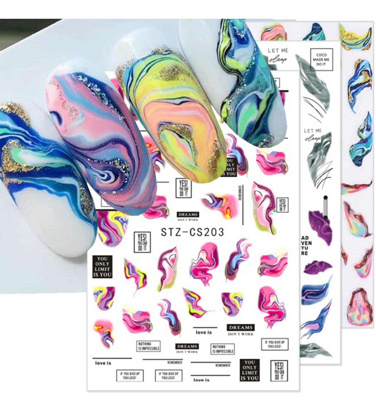 Marble Wave Design Nail Decals 3D Self-Adhesive Nail Stickers - Pink Blue Colorful Stripes - 6 Sheets - Acrylic Nail Decoration for Women - Buy Online on GoSupps.com
