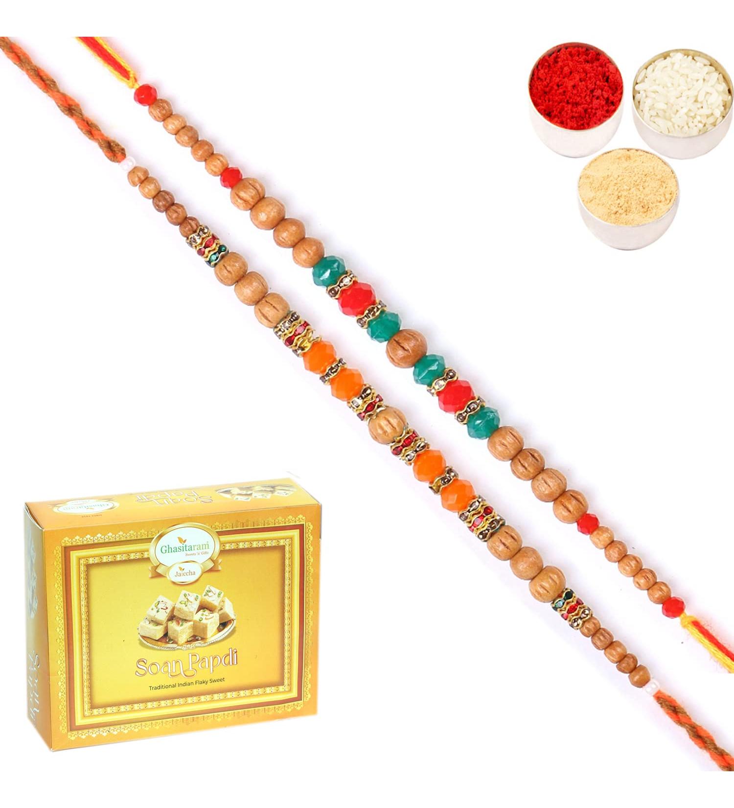 Ghasitaram Gifts Rakhi for Brother Rakhis Online - Set of 2 6490 6493 Fancy Rakhis with 400 GMS of Soan Papdi - Buy Online on GoSupps.com