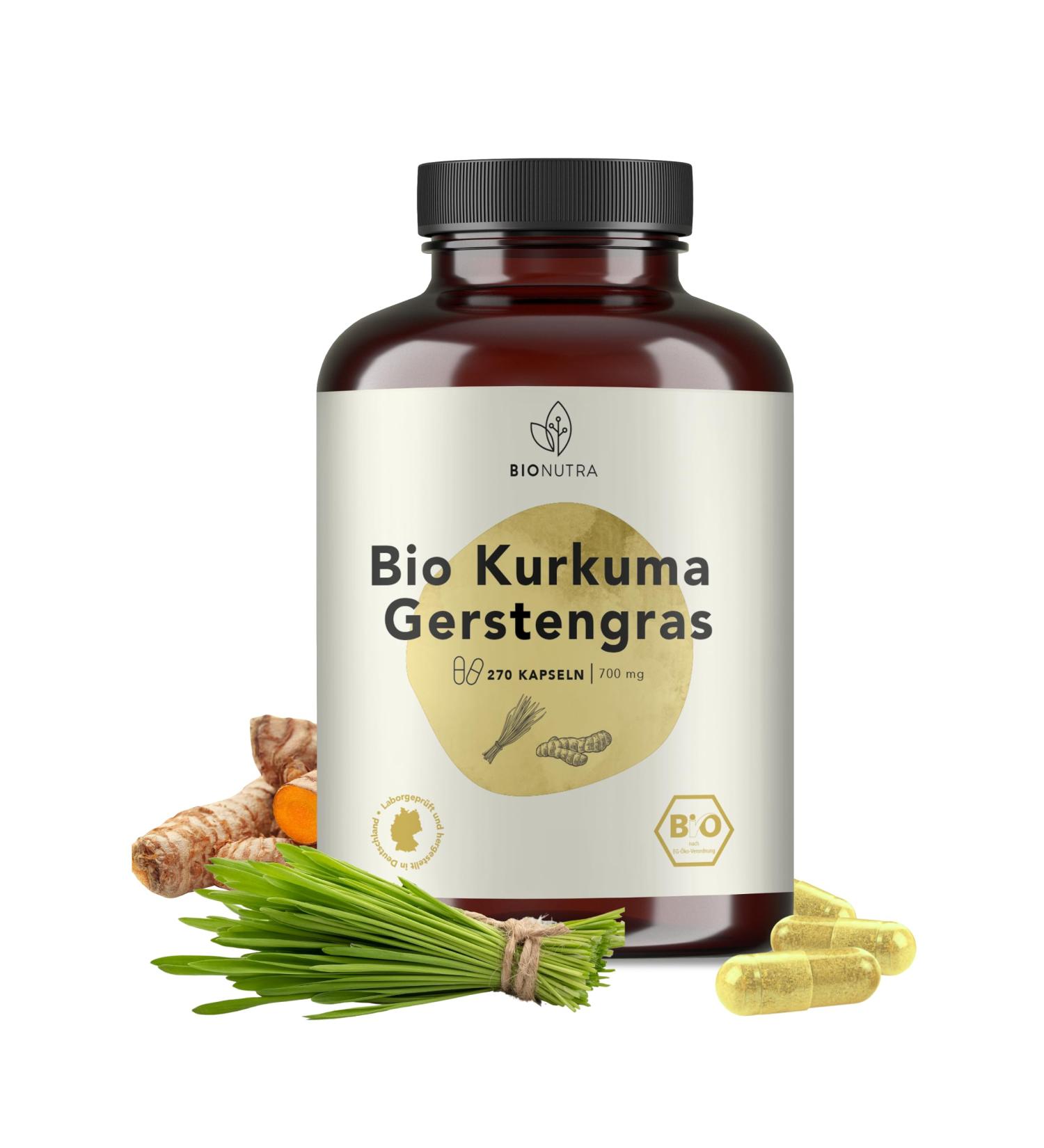 Bionutra Turmeric Barley Grass Capsules Bio - 270 Veg Capsules | Organic Vegan Gluten-Free Lactose-Free | German Quality 2-Month Supply - Buy Online on GoSupps.com