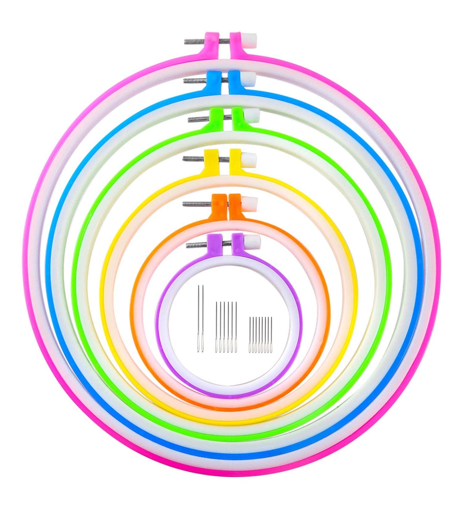 Caydo 6-Piece Embroidery Hoops & 15 Needles Set | Plastic Cross Stitch Hoops, Sizes 3.4-10.4 inch (Multicolor) - Buy Online on GoSupps.com