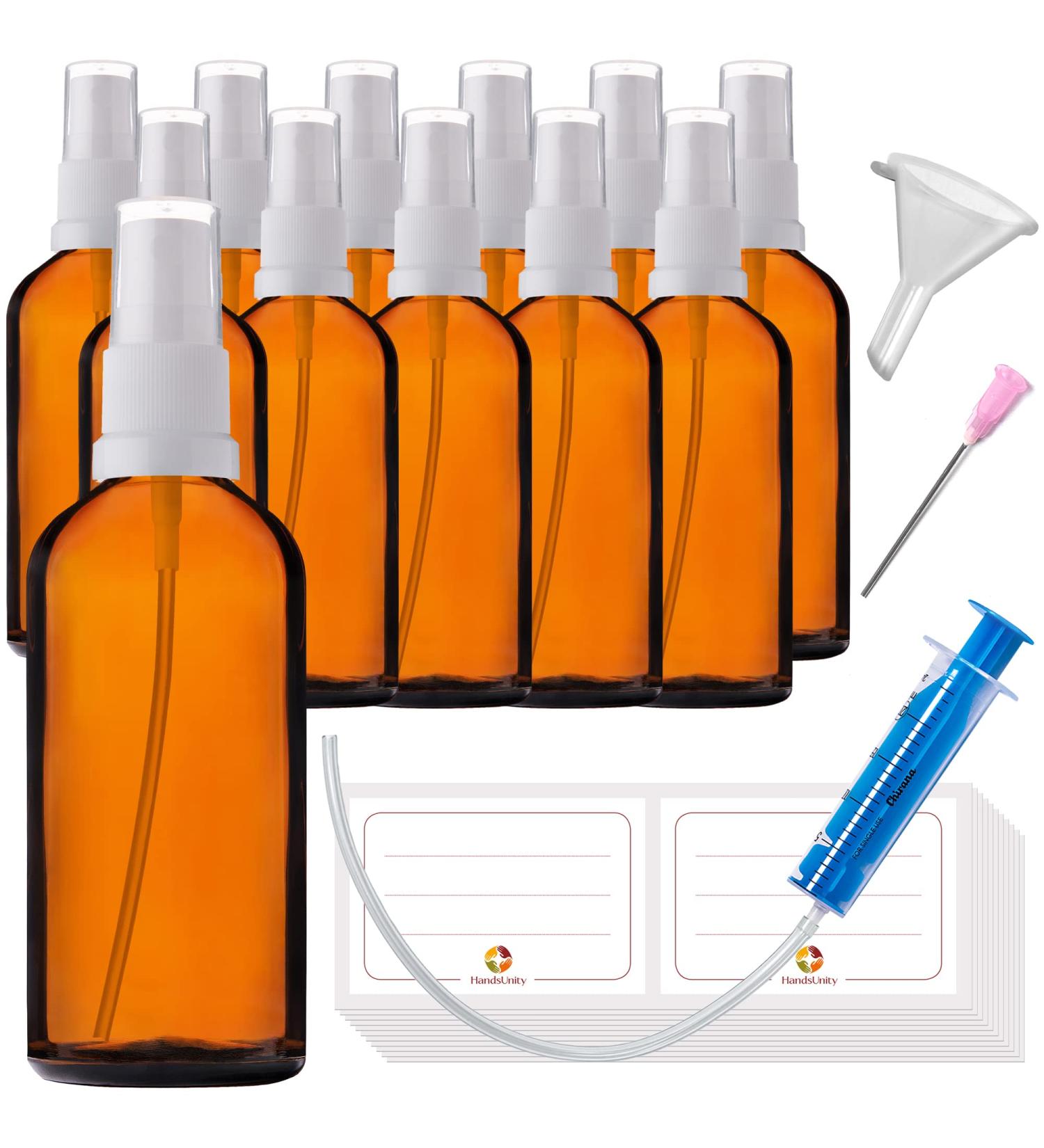 Handsunity 100ml Amber Glass Spray Bottle Set 12-Pack with White Atomizer & 29 Accessories for Pharmacy Use Ideal for Essential Oils & DIY Projects - Buy Online on GoSupps.com