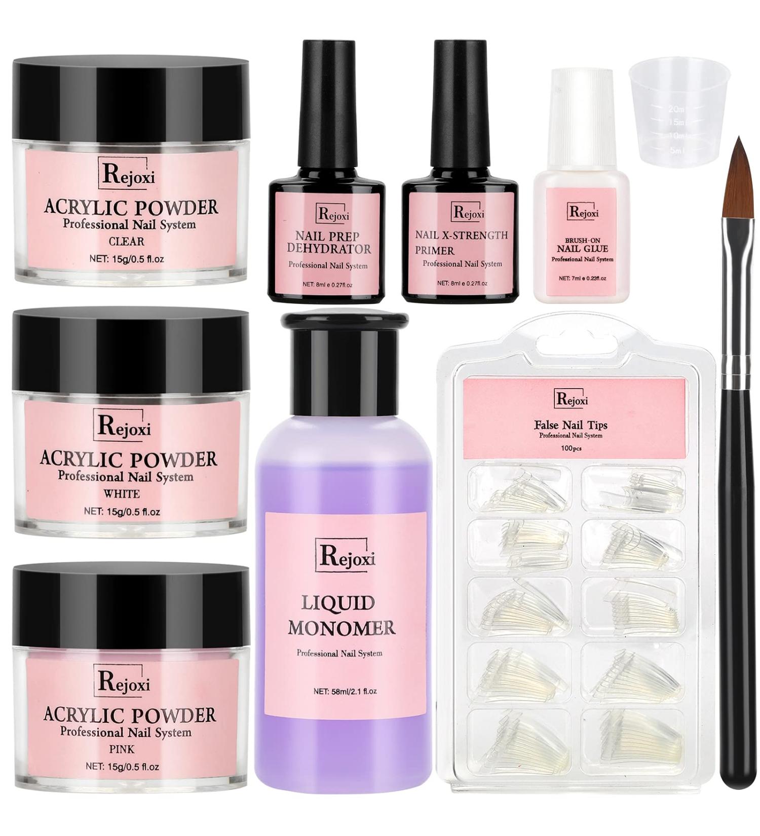 Complete Acrylic Nail Kit with Prep Dehydrator, Primer, Powder, Liquid, French Tips, Glue & Brush - DIY Nail Set in White, Pink & Clear - Buy Online on GoSupps.com