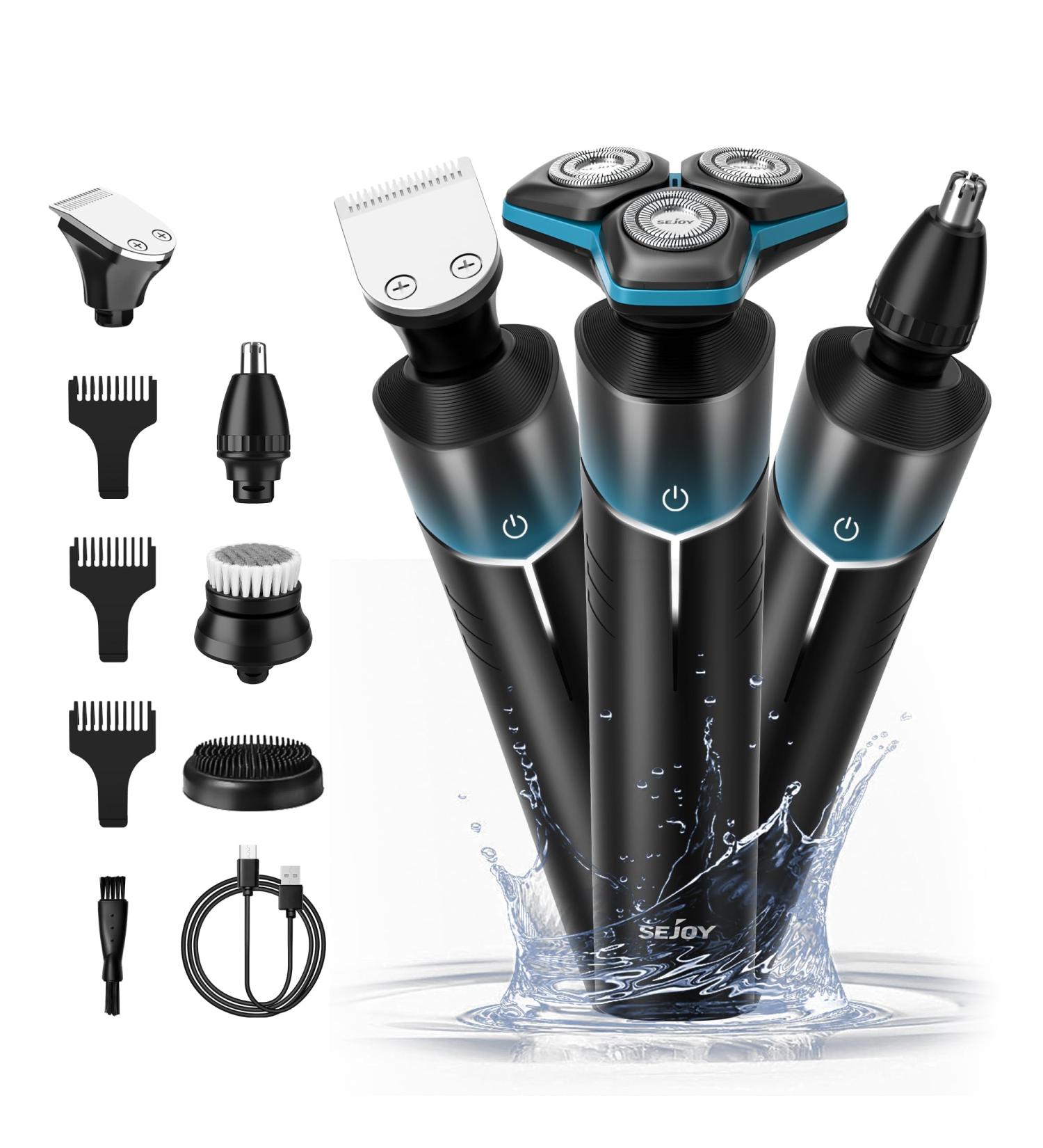 5-in-1 Electric Rotary Shaver for Men - IPX7 Waterproof, Rechargeable Cordless Razor for Shaving Beard, Body, and Pubic Hair - Blue - Buy Online on GoSupps.com