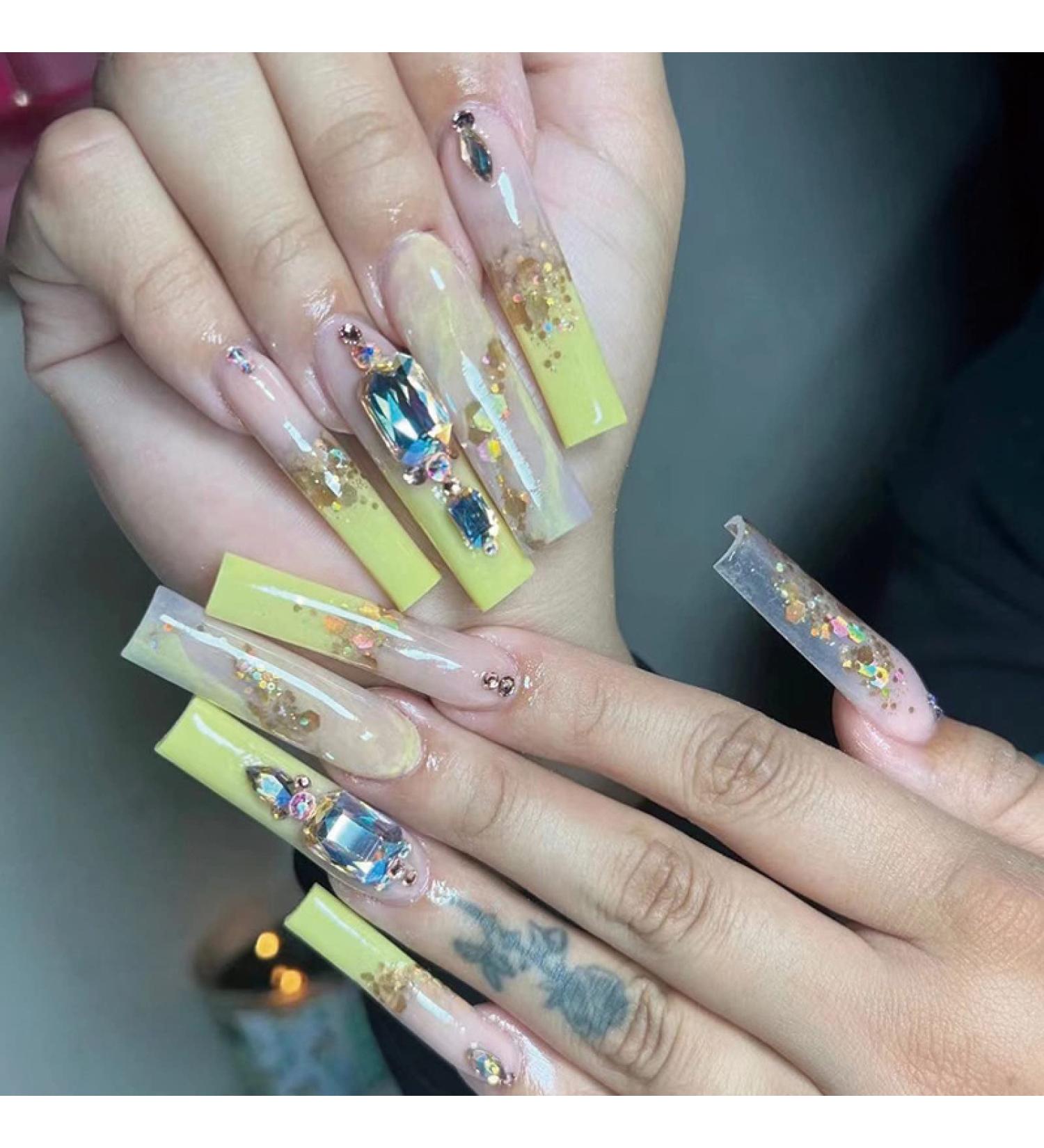 Long Fake Nails Set Press On Nails Yellow Gradient Gold Foil Rhinestones with Press Glue Full Cover Acrylic Nail Tips As A Gift Gold yellow