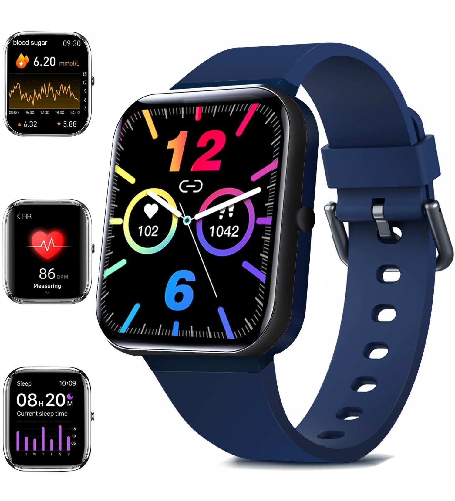 Smart Blood Glucose Monitor Watch & Fitness Tracker for Men Women - Answer/Call, 1.85 Touch Screen, Blood Pressure, Sleep & Activity Tracking - Blue - Buy Online on GoSupps.com