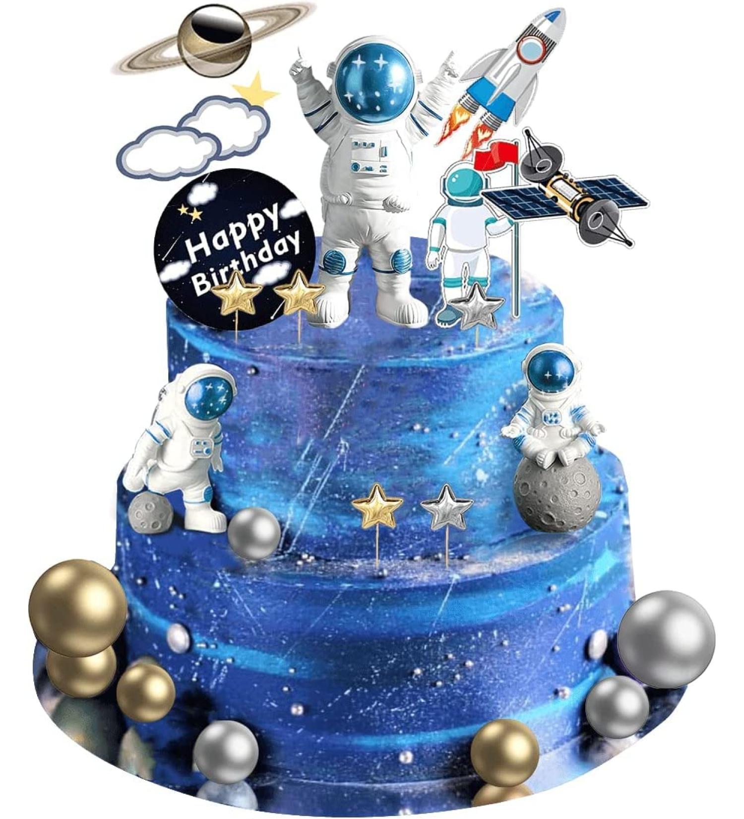 22 Pcs Space Cake Topper Set - Astronaut Figurine, Planet Rocket, Pearl Balls, Star DIY Cake Decorations - Outer Space Themed Party Supplies for Kids Birthday, Baby Shower - Blue - Buy Online on GoSupps.com