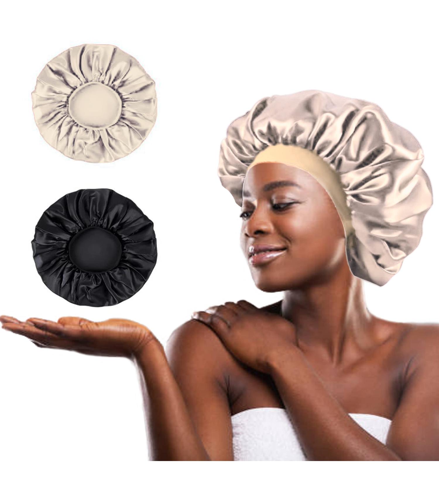 Satin Bonnet for Curly Hair - Black & Gold Wide Elastic Band Sleep Cap - Buy Online on GoSupps.com