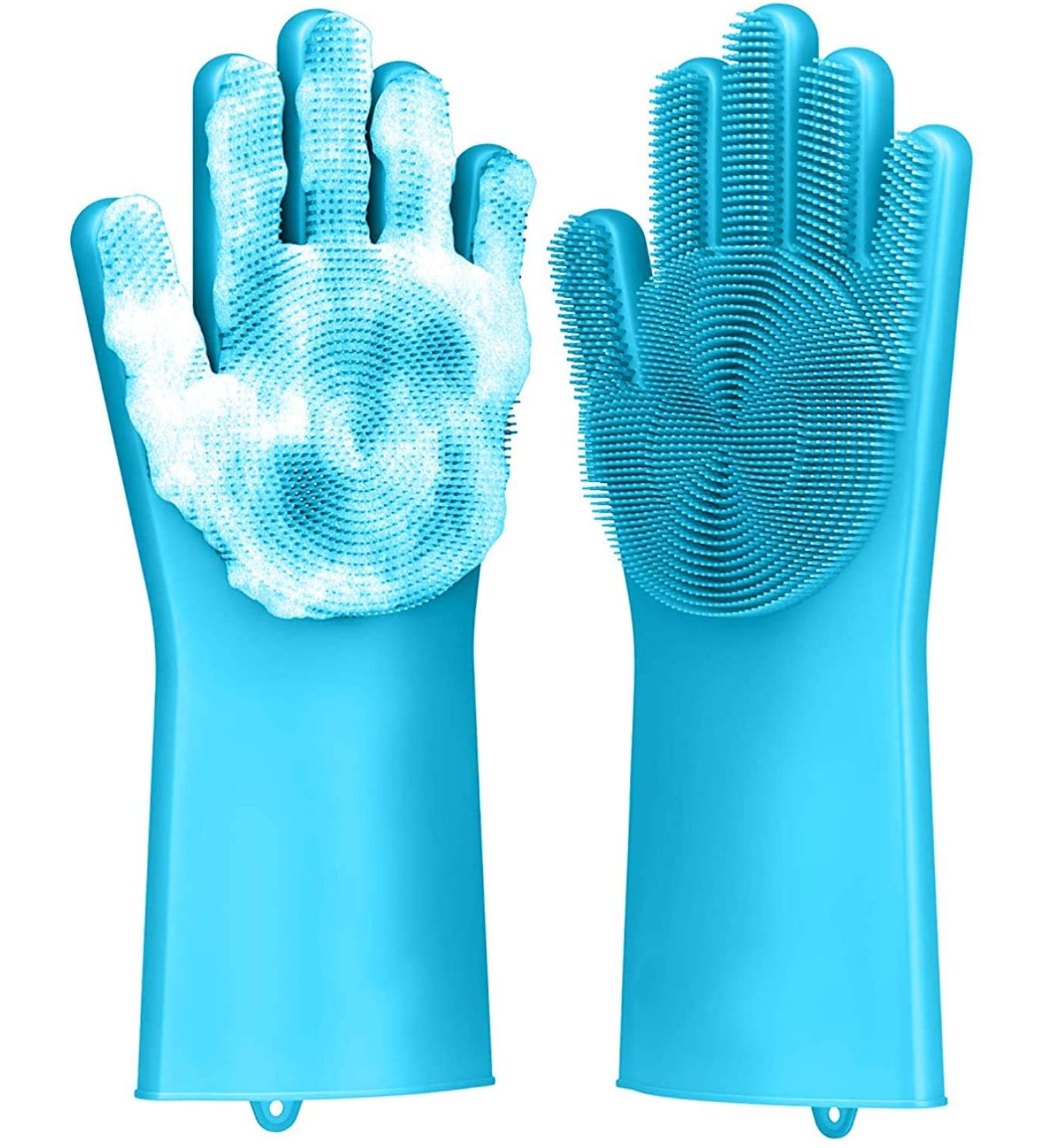 Silicone Hand Gloves Reusable Rubber Sponge Scrubbers Good Use for Kitchen Dishwasher Fruit Household Cleaning (Blue) - Buy Online on GoSupps.com
