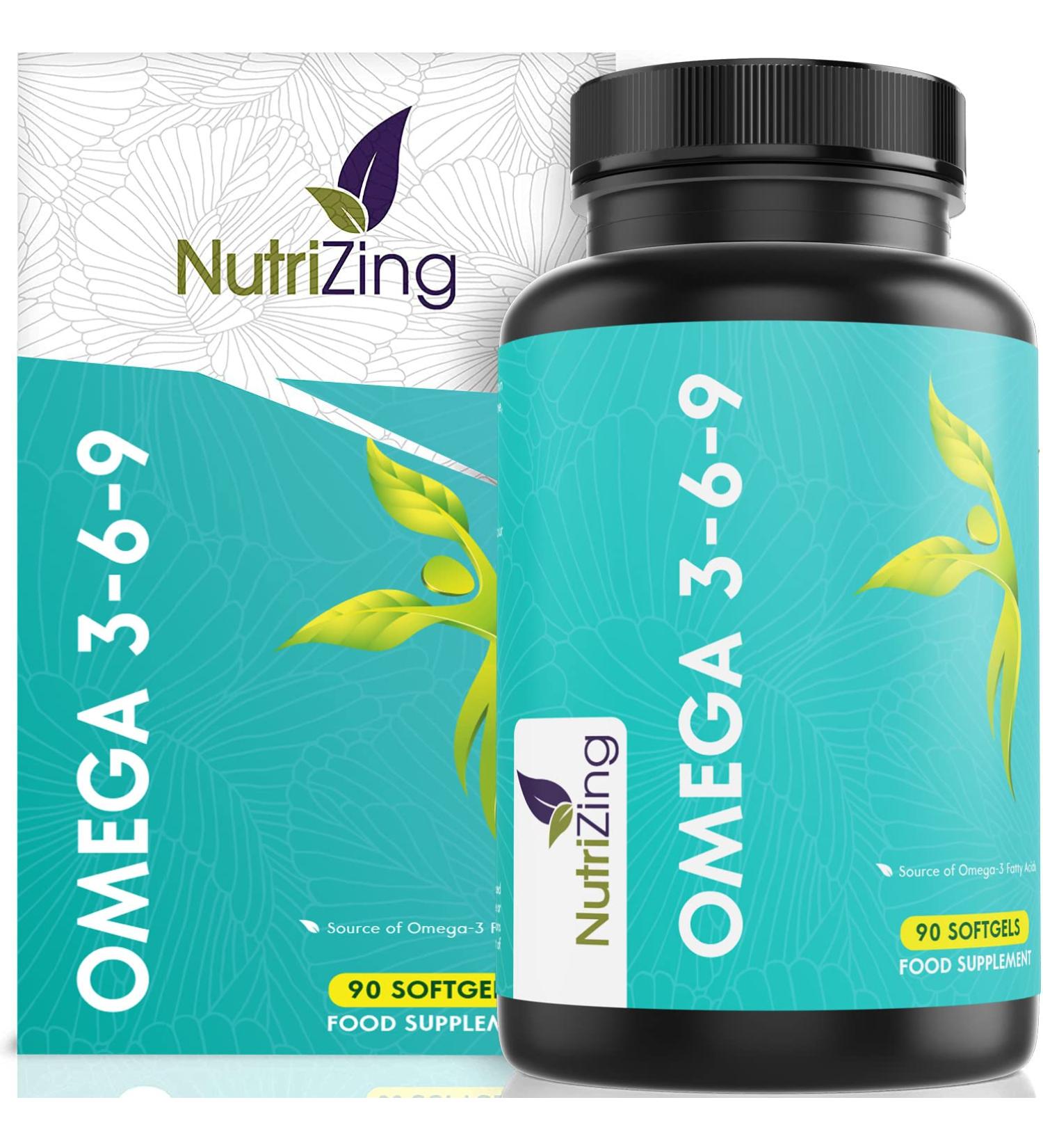 NutriZing Omega 3 6 9 Triple Strength Fish Oil + Flaxseed & Sunflower Oil - 1000mg High Strength EPA & DHA - Made in UK - Potent Essential Fatty Acids in One Softgel - Buy Online on GoSupps.com
