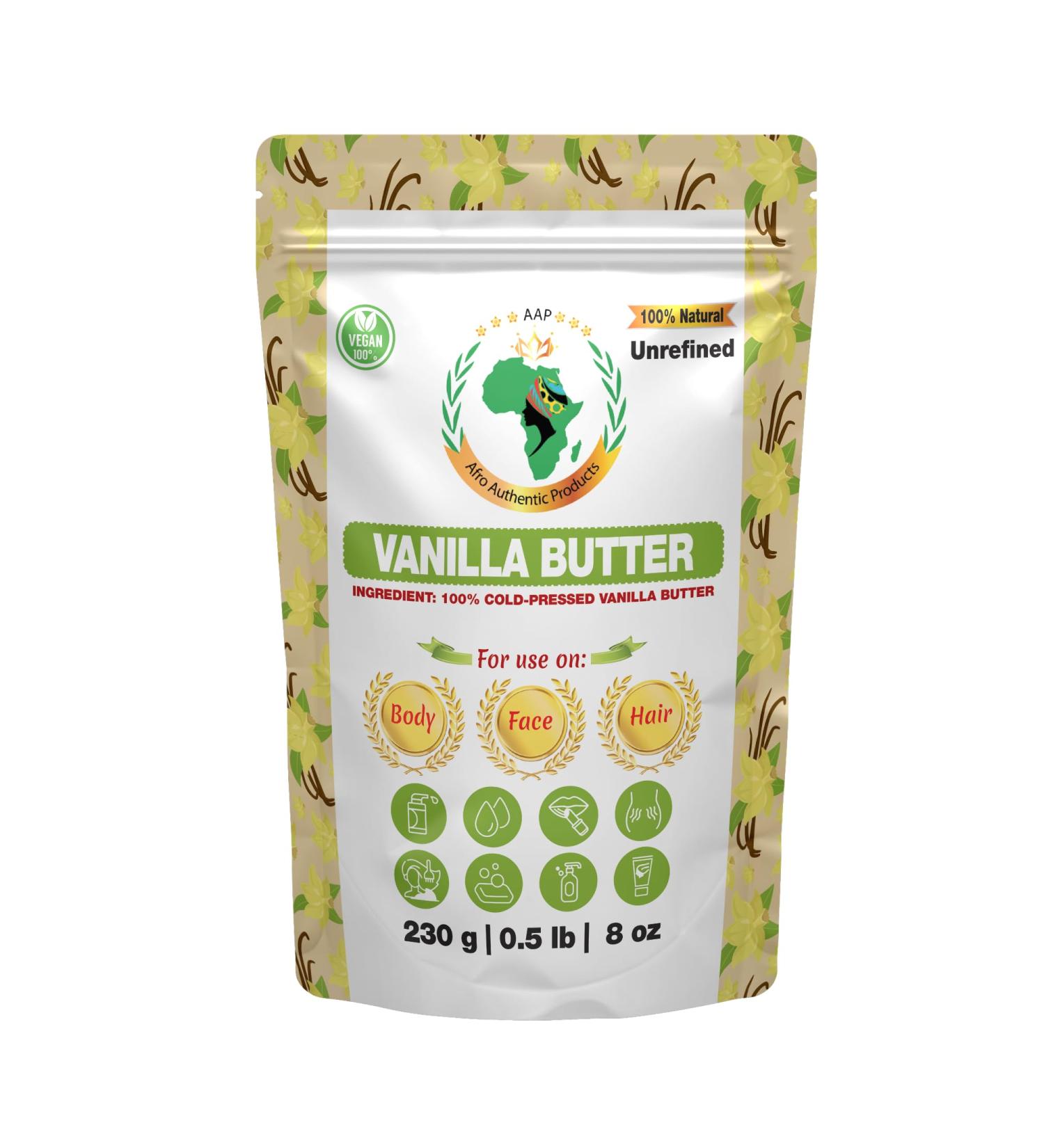 Authentic Raw Vanilla Butter | Butter | For DIY Face Body Hands | Unrefined | 100% Pure| Organic from Africa | Resealable Bag | 0.5 LB (230g)