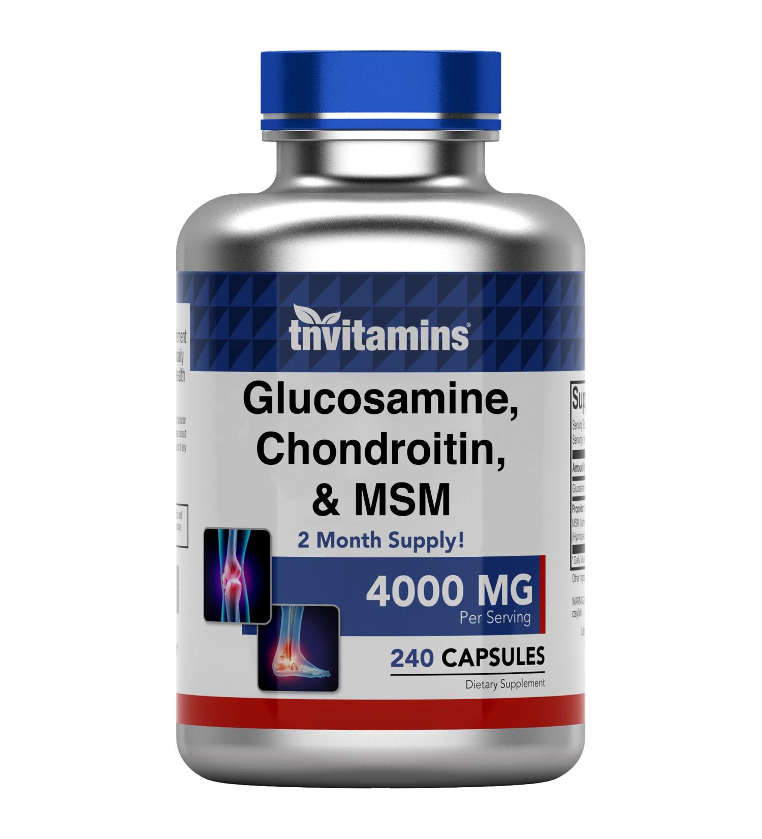tnvitamins Glucosamine Chondroitin MSM Capsules 240 Count | 4 000 mg Per Serving | 2 000 mg Glucosamine Sulfate 2KCl + 2 000 mg MSM & Chondroitin Blend | Joint Support Supplement - Buy Online on GoSupps.com