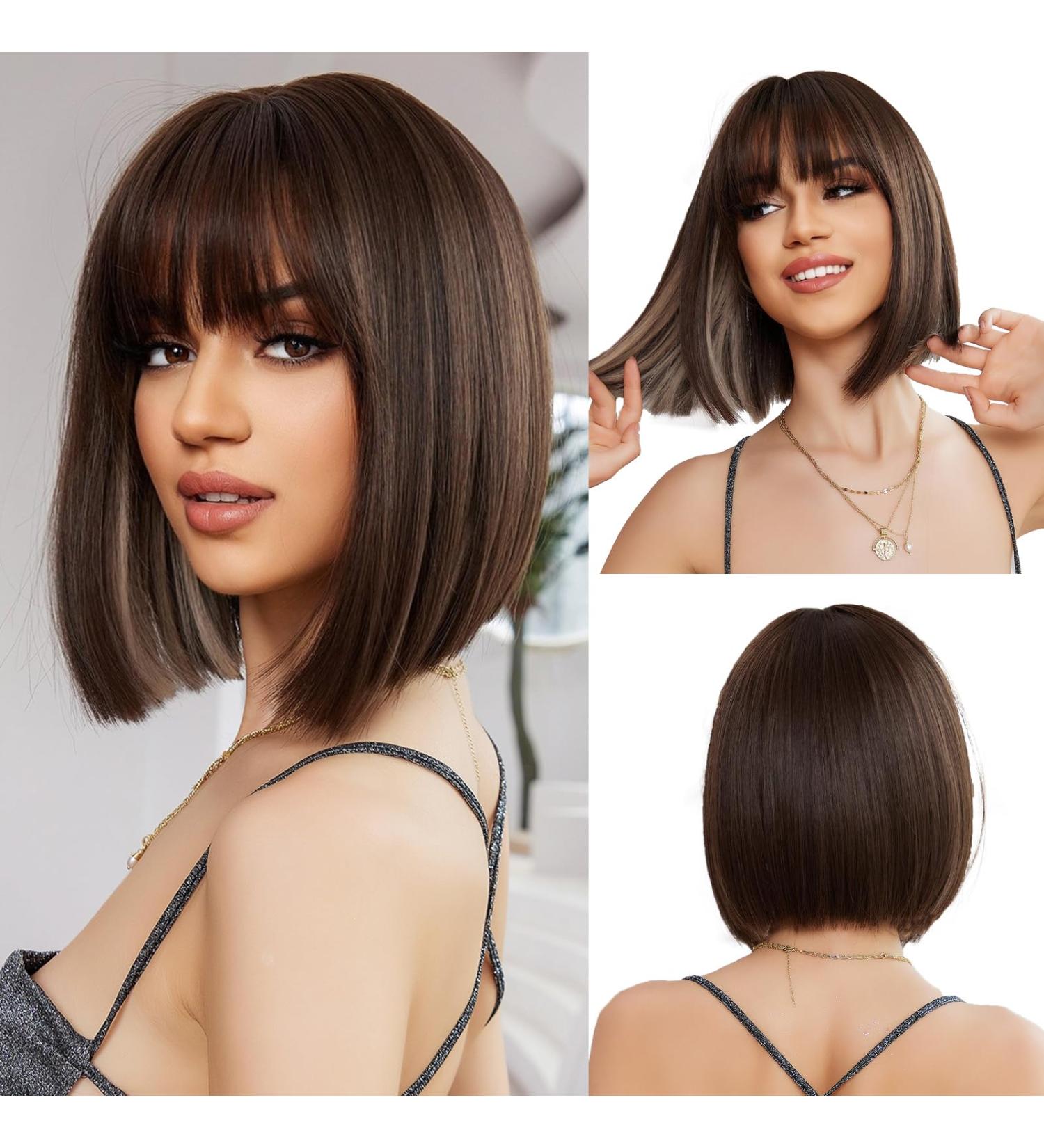 OUFEI Brown Bob Highlight Inside Wig | Short Straight Synthetic Hair Wig for Women - Ideal for Daily Party and Cosplay Wear - Buy Online on GoSupps.com