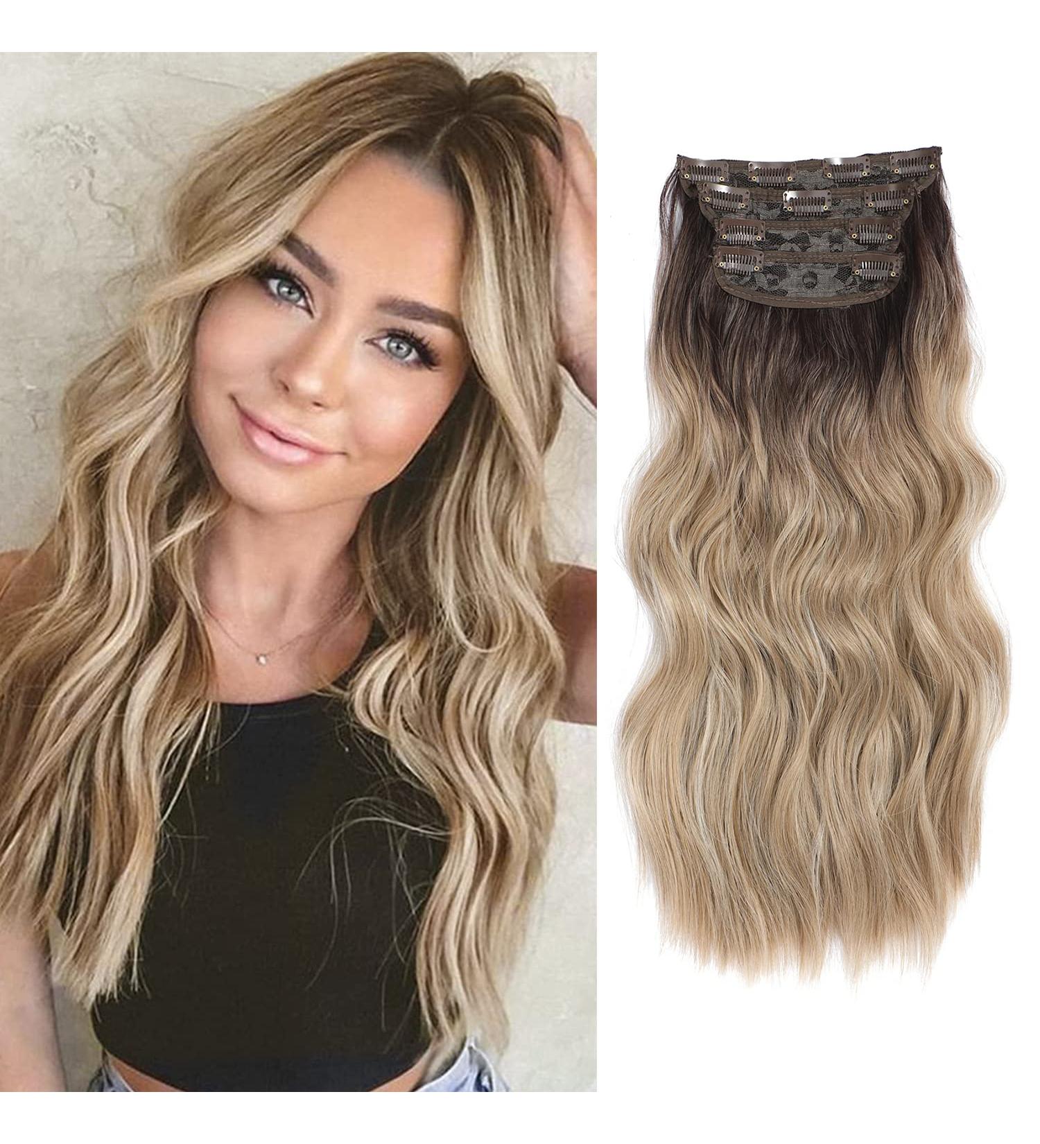 4Pcs Ombre Dirty Blonde Clip in Hair Extensions - 20Inch Full Head Curly Wavy Synthetic Hair - Buy Online on GoSupps.com