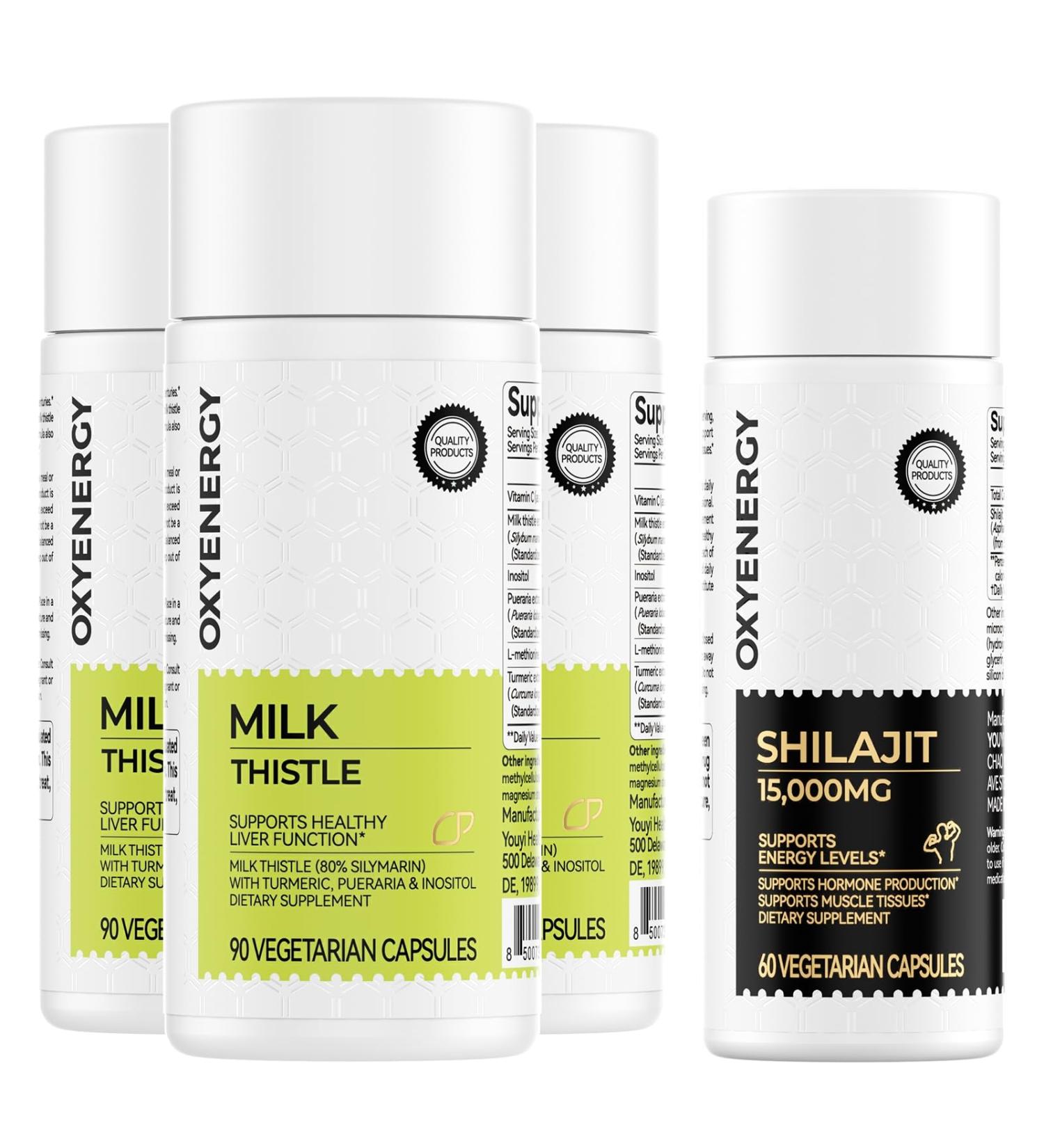 OxyEnergy Silymarin Milk Thistle 300mg Pack of 3 & Shilajit Capsules 15 000mg - Buy Online on GoSupps.com