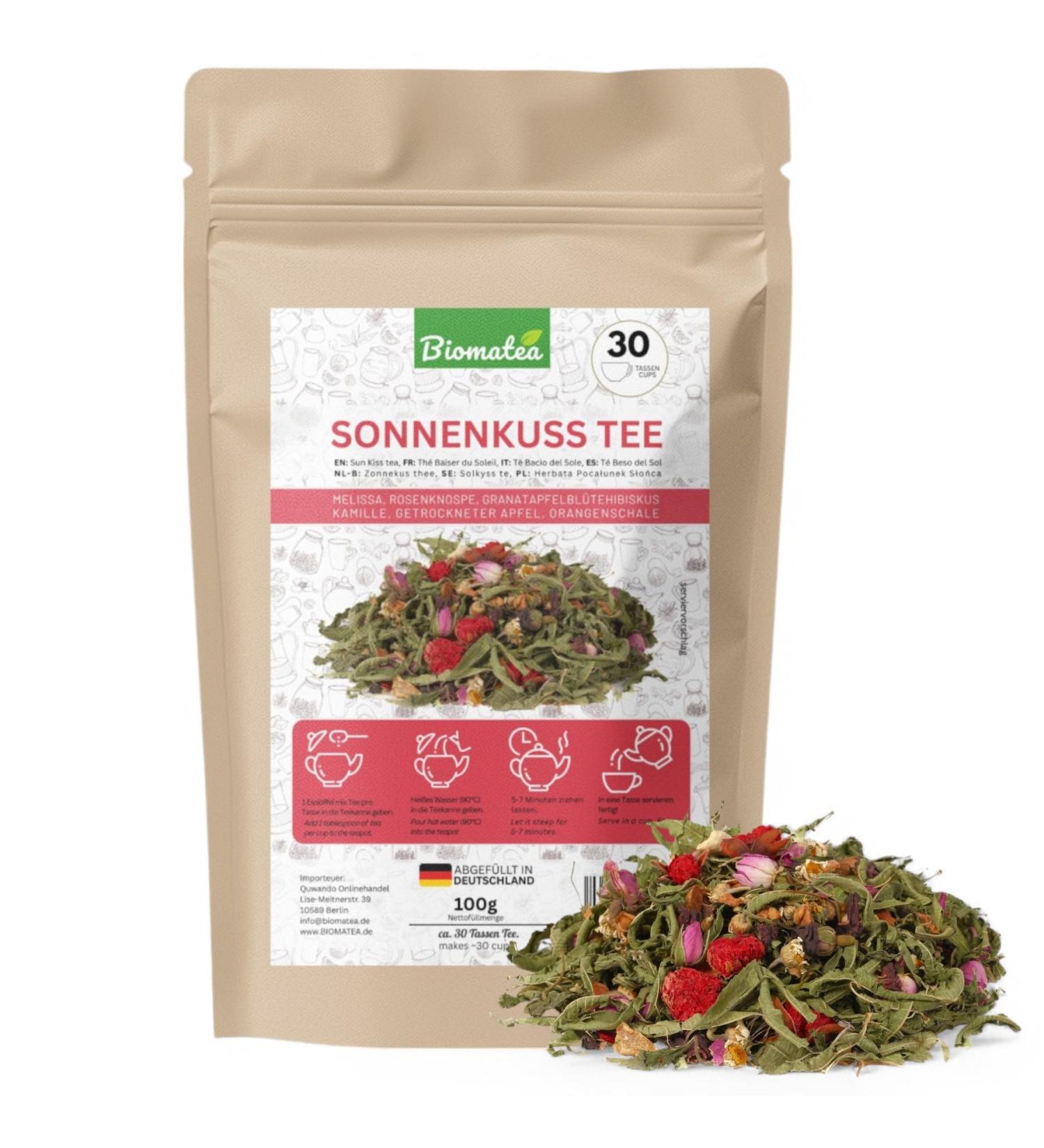  Biomatea Biomatea Sonnenkuss Tea | 100 g Fruity and Floral Herbal Tea Blend with Lemon Balm Pomegranate Flower and Rosebud | for 30 Cups | Wellness Flower Tea | Bottled in Germany - Buy Online on GoSupps.com