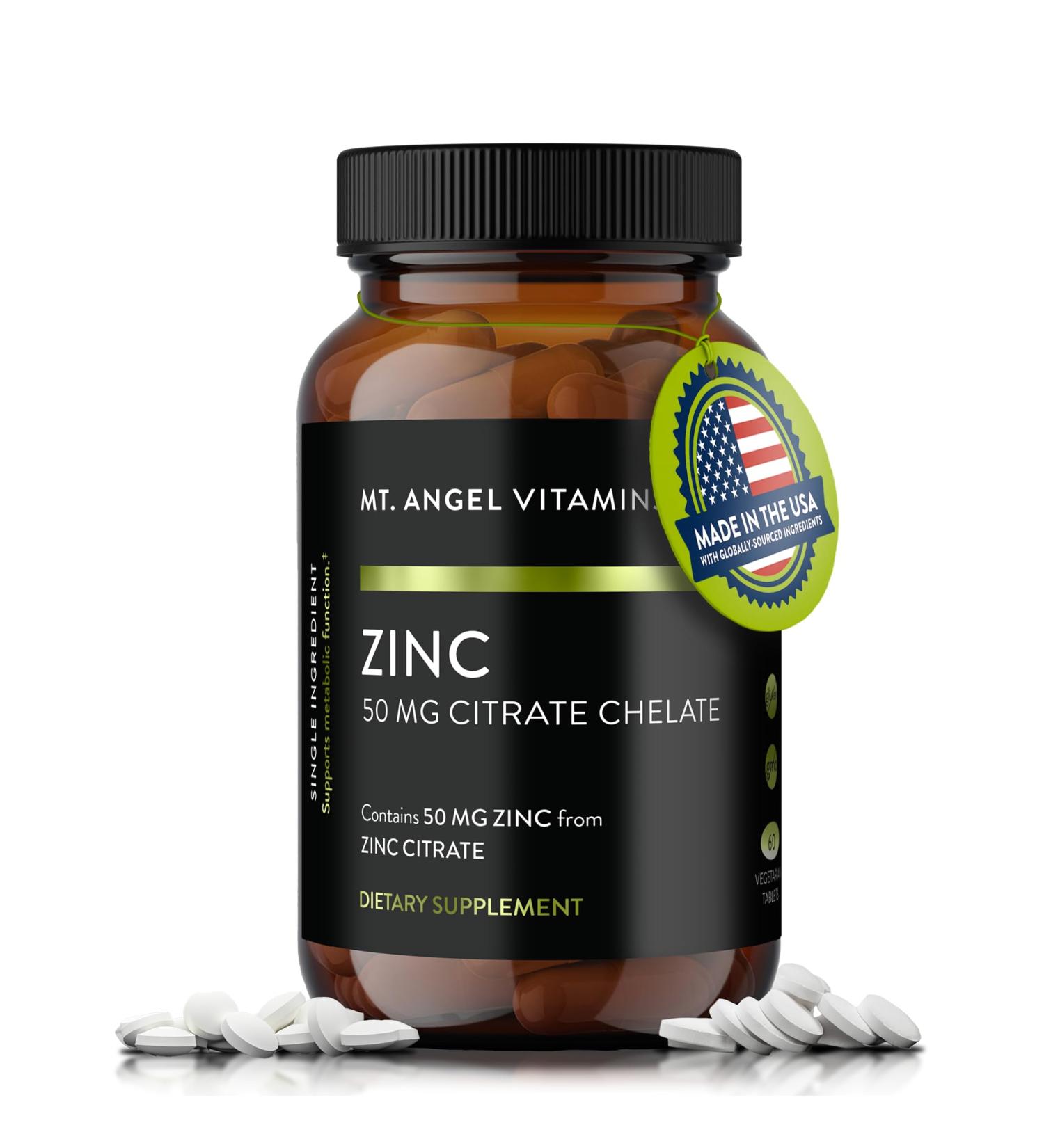 Mt. Angel Vitamins - Zinc Citrate 50mg - Zinc 50 mg Citrate Chelate - Natural Zinc Supplements Made in USA - 60 Vegetarian Tablets - Buy Online on GoSupps.com