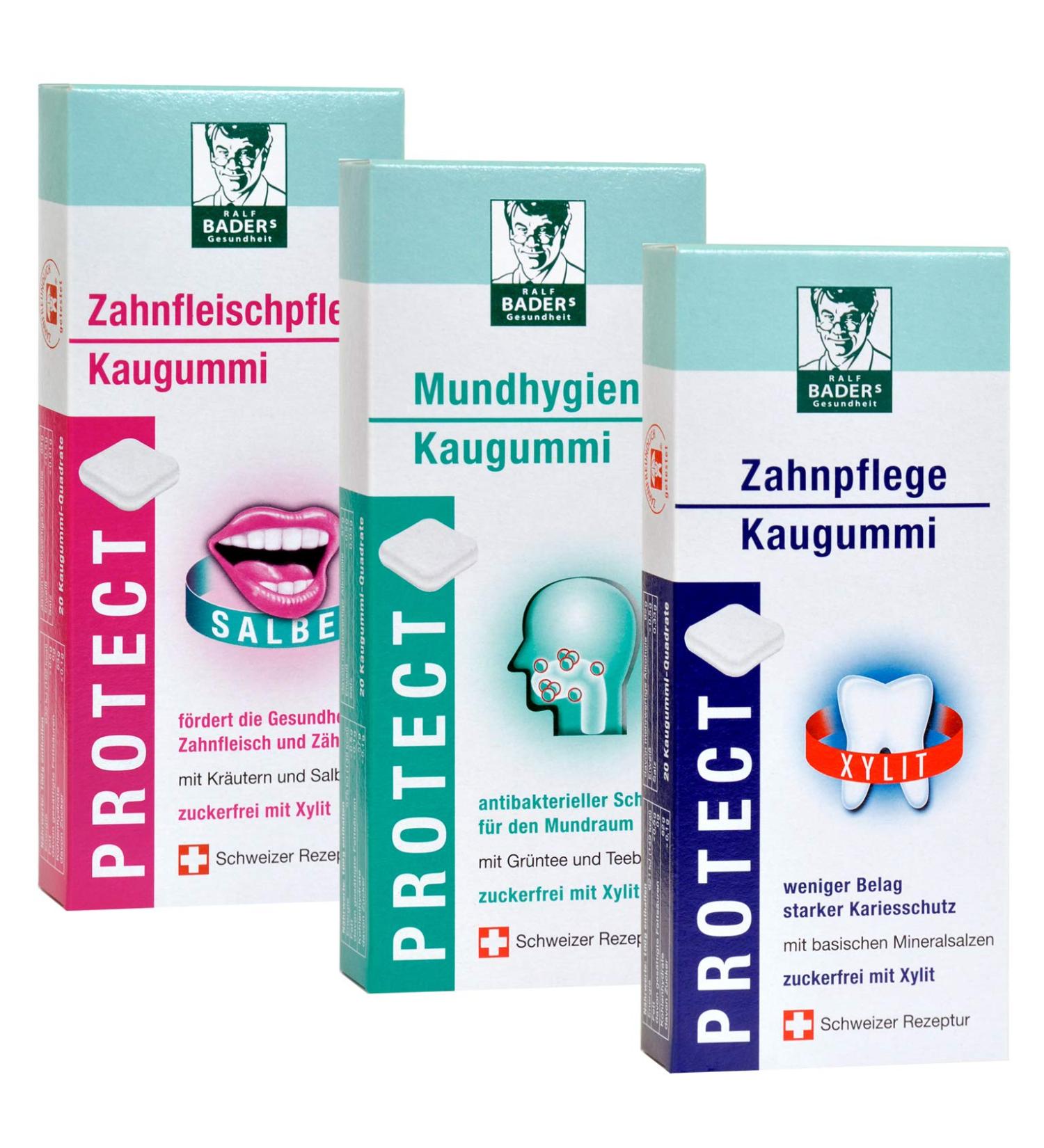 Ralf Baders Health Baders Protect Functional Chewing Gum from The Pharmacy Three Types Oral Hygiene Dental Care and Gum Care 3 x 20 Chewing Gum Squares in Blister 111 g - Buy Online on GoSupps.com