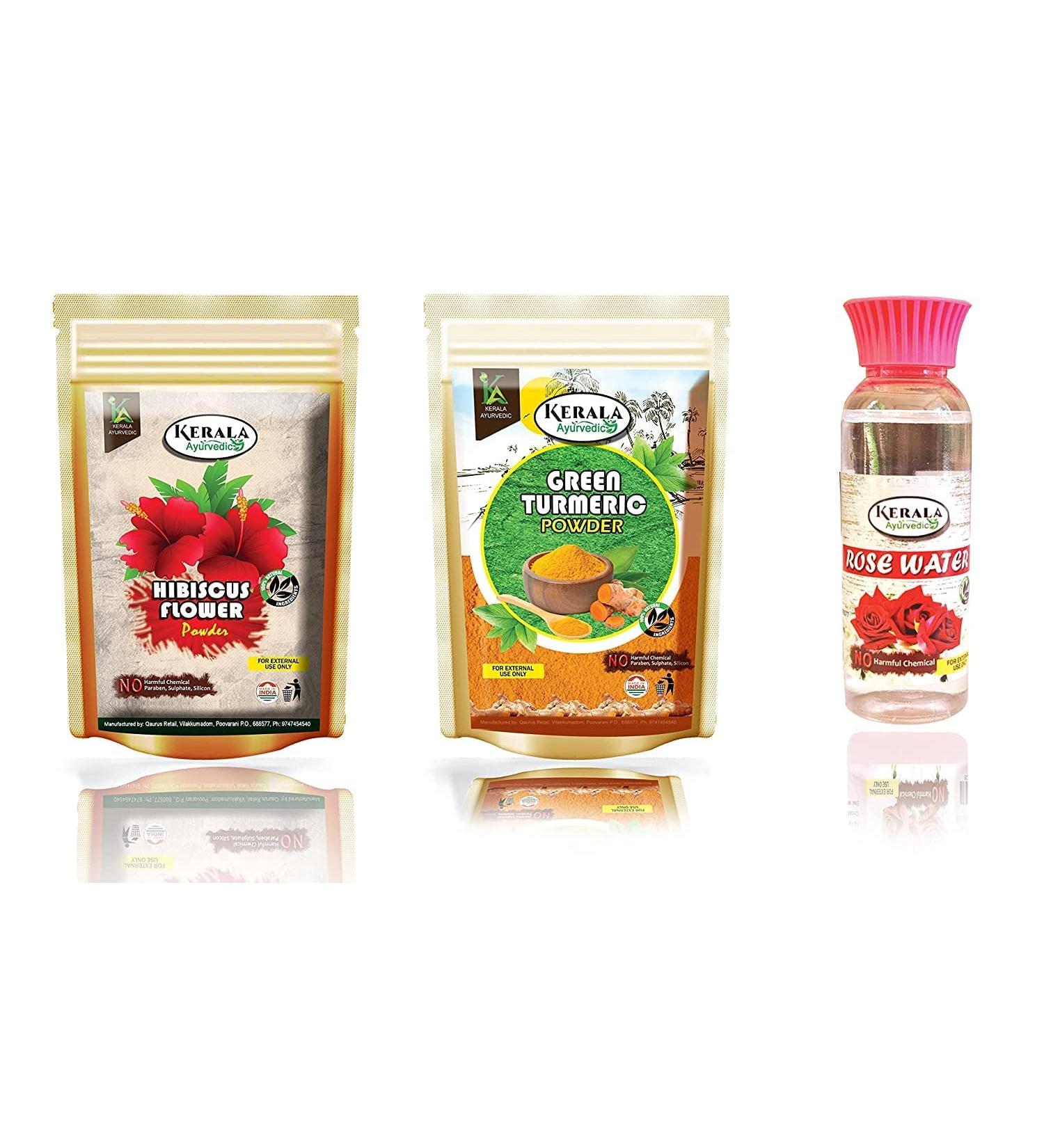  QURA QURA Ayurvedic Hibiscus Flower Powder for Hair Growth and Face | 100% Natural and Herbal | 100g + Natural Green Turmeric Powder/Pacha Manjal | Skin Care 100g + Rose Water 100ml - Buy Online on GoSupps.com