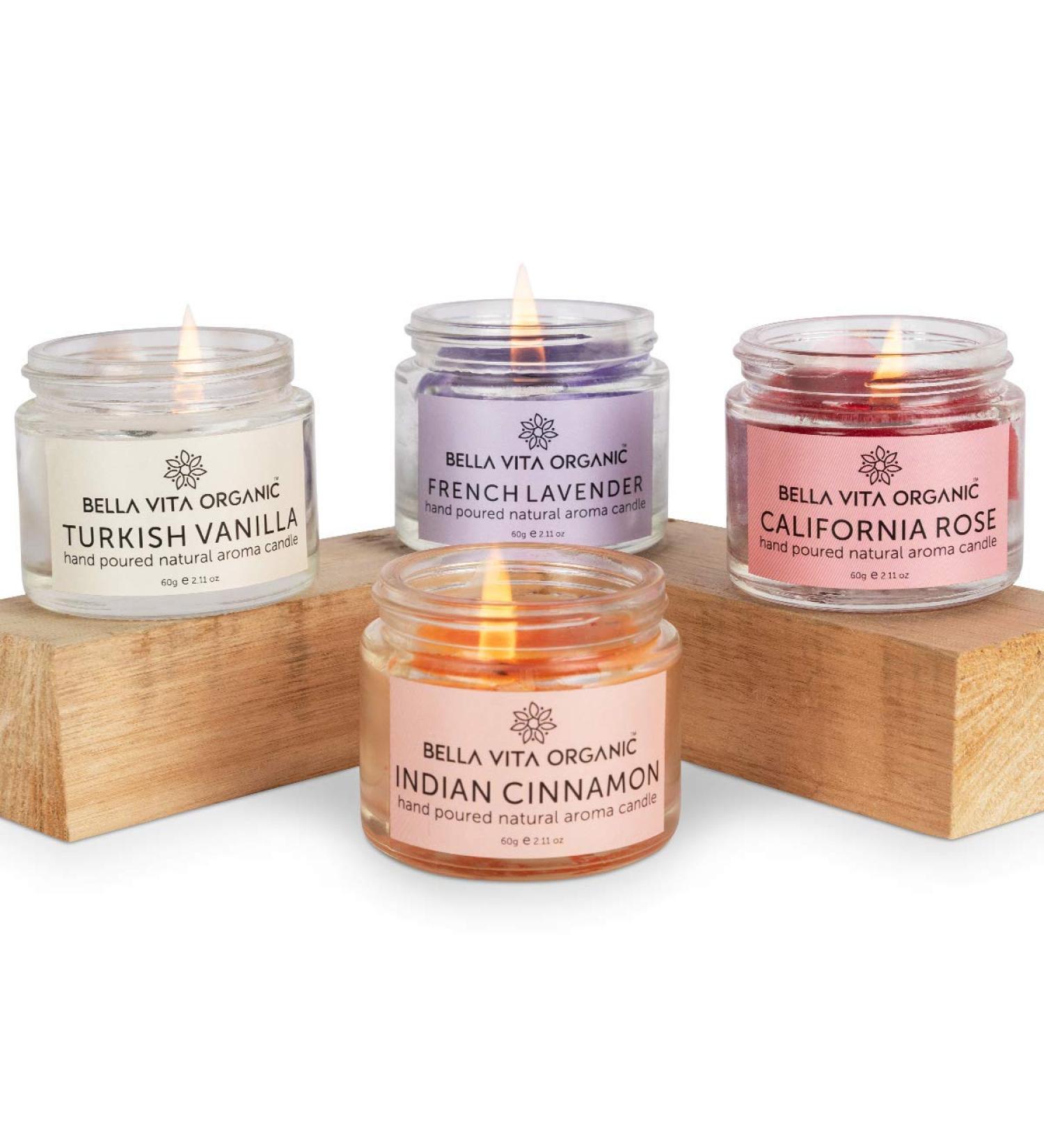 Buy Bella Vita Organic Aroma Candles Set of 4 - Scented Vanilla Cinnamon Lavender & Rose - Perfect for Gifting & Home Decor - 60G Each Up to 15 Hours Burn Time - International Shipping Available - Buy Online on GoSupps.com