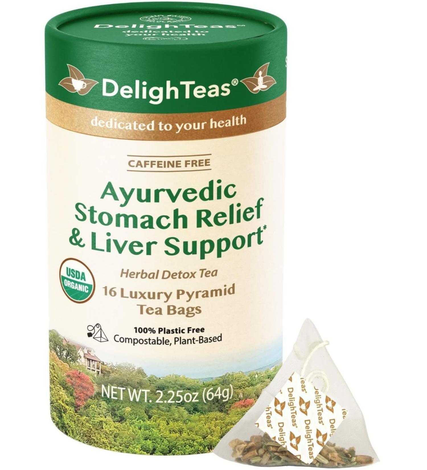 DelighTeas Liver Detox Tea Bags - USDA Organic Ayurvedic Stomach Relief | Eco-Conscious Pyramid Bags | Caffeine Free & Vegan | 16 Tea Bags - Buy Online on GoSupps.com
