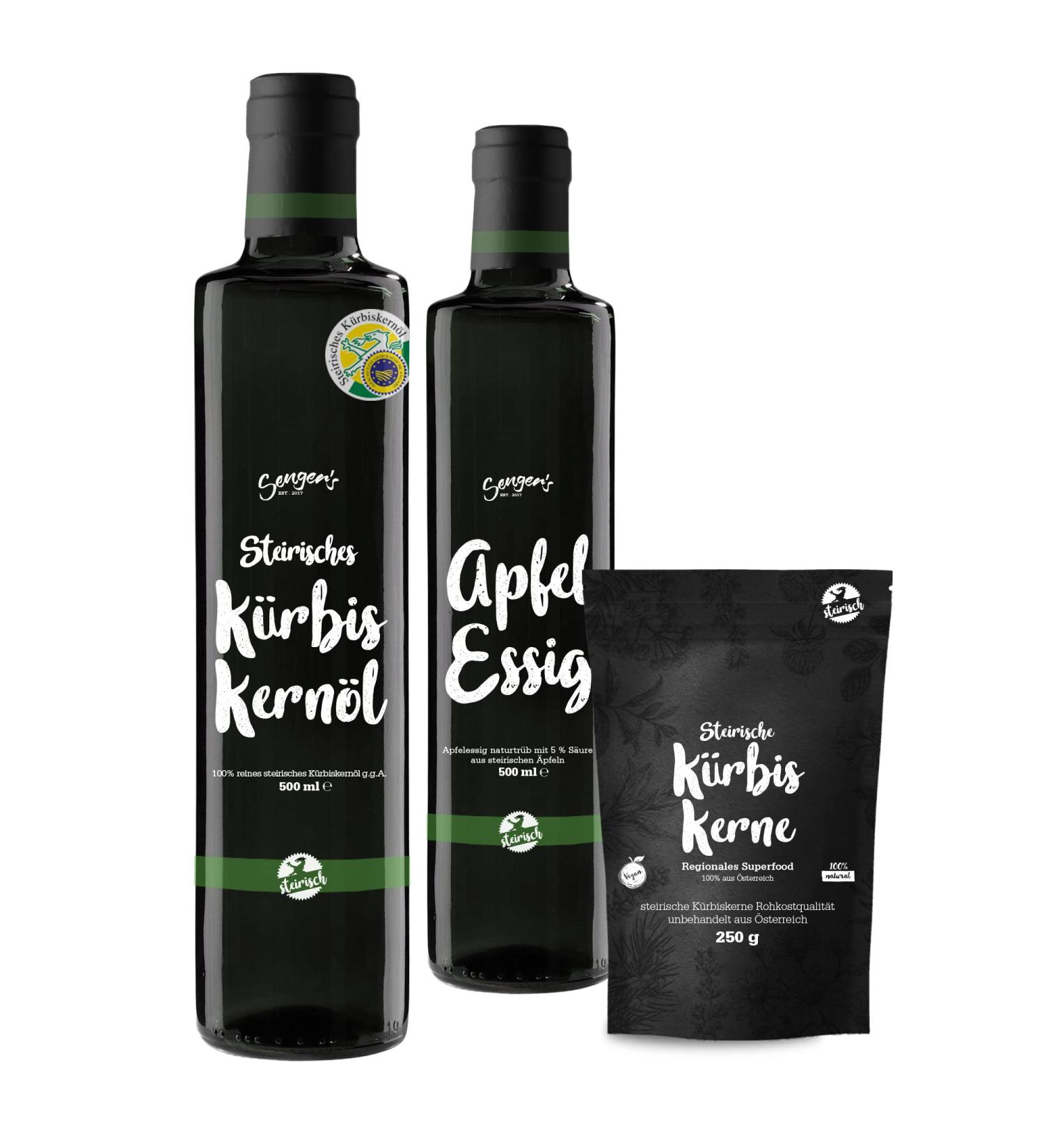 Styrian Salad Gift Set - Premium Pumpkin Seed Oil 500ml Apple Cider Vinegar 500ml & Pumpkin Seeds 250g - Perfect for Gourmet Gifts - Buy Online on GoSupps.com