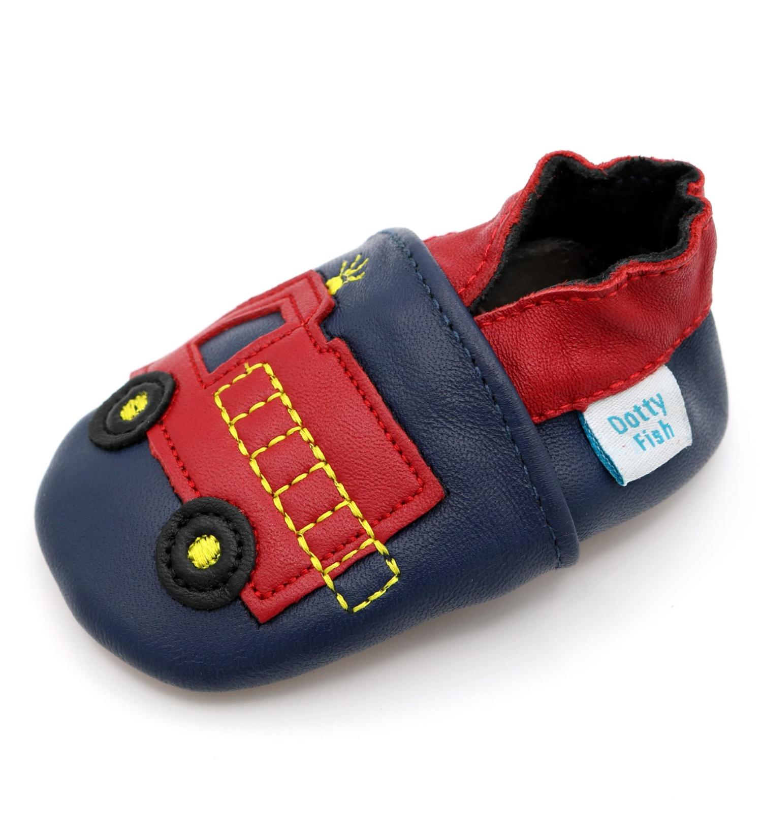 Dotty Fish Soft Leather Fire Engine Toddler Shoes for Boys | Non-Slip Suede Soles | 0-6 Months to 4-5 Years - Buy Online on GoSupps.com