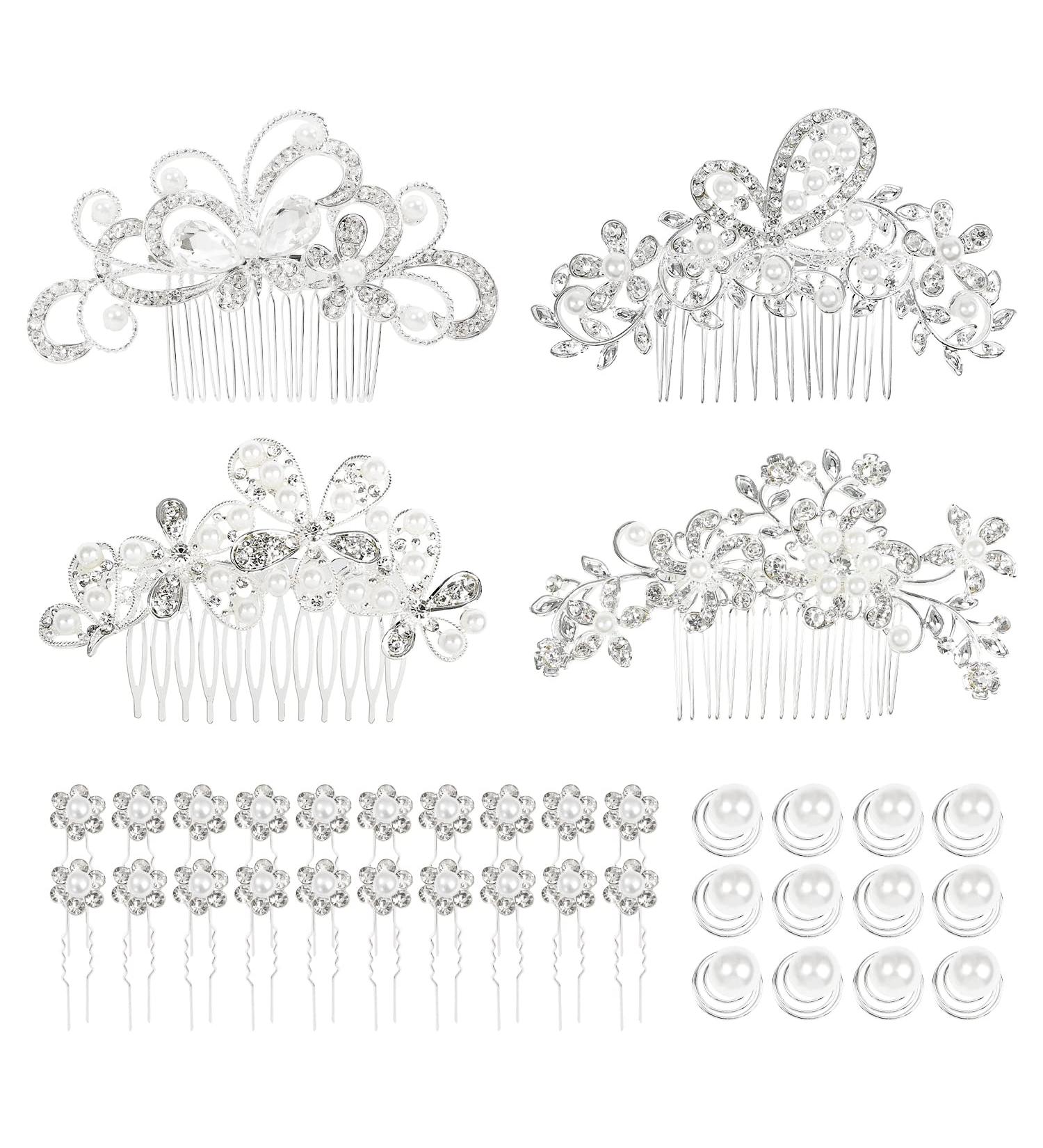 Cinaci 36 Pack Sparkly Silver Rhinestone Pearl Wedding Hair Combs and Clips Set - Bridal Accessories for Women, Brides, Bridesmaids - Buy Online on GoSupps.com