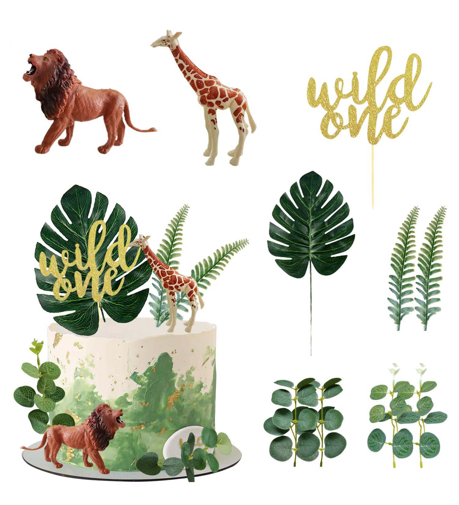 Realistic Safari Jungle Animals Cake Toppers with Palm Leaf & Eucalyptus Leaves - Wild Themed Birthday & Baby Shower Party Decorations (Wild One) - Buy Online on GoSupps.com