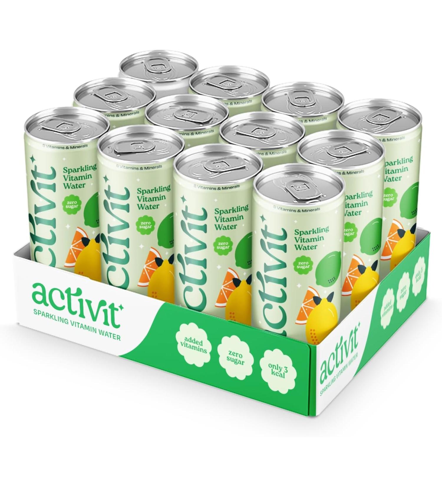 Acti-Vit Sparkling Flavoured Vitamin Water Cans - B Vitamins B5 B6 B9 B12, Vitamin C, D, Zinc, Magnesium, 0 Sugar - 12x 330ml Lemon Lime & Orange - Buy Online on GoSupps.com