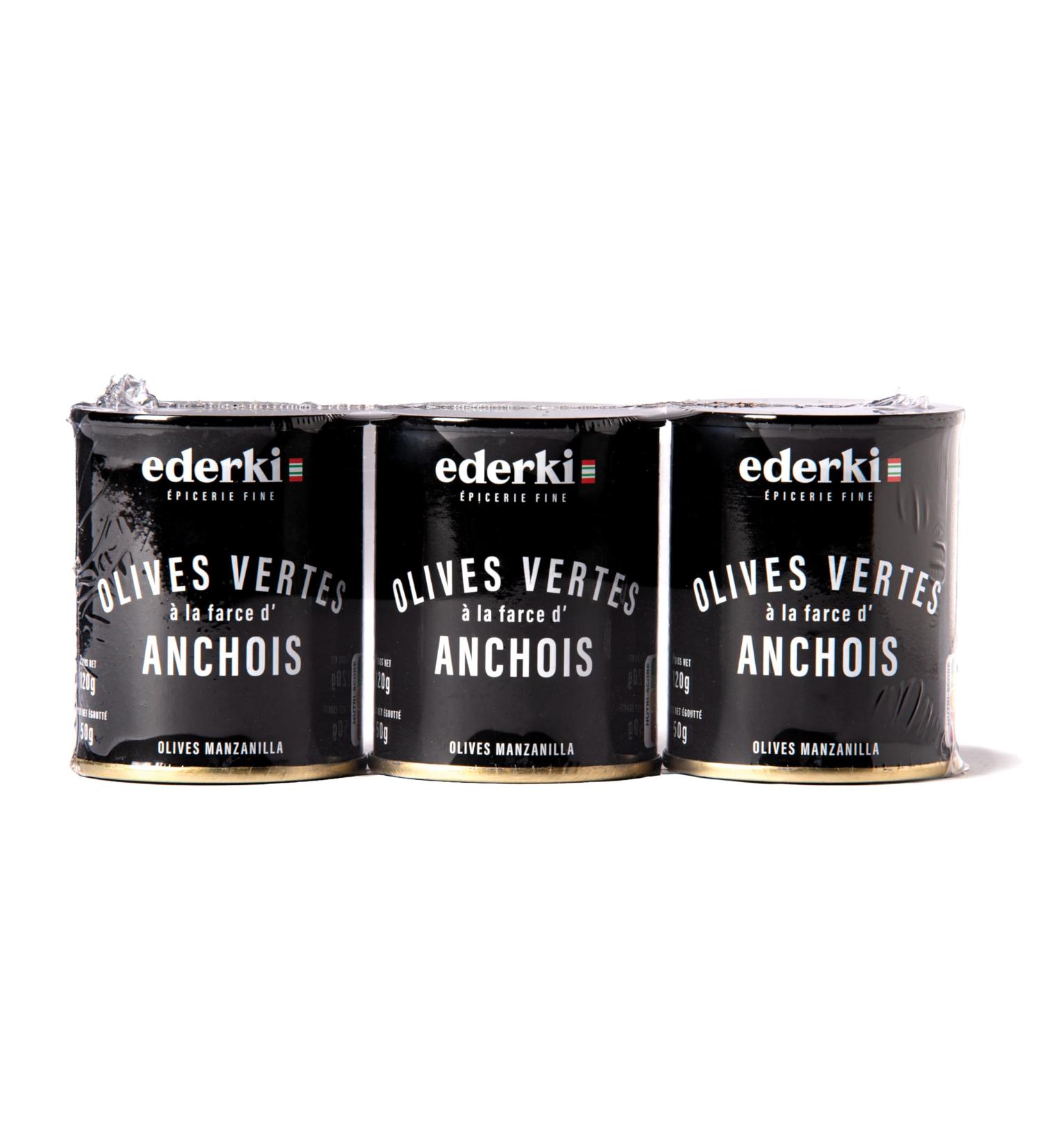 EDERKI - pack of 3 - Pack of mini green olives stuffed with anchovies 120g