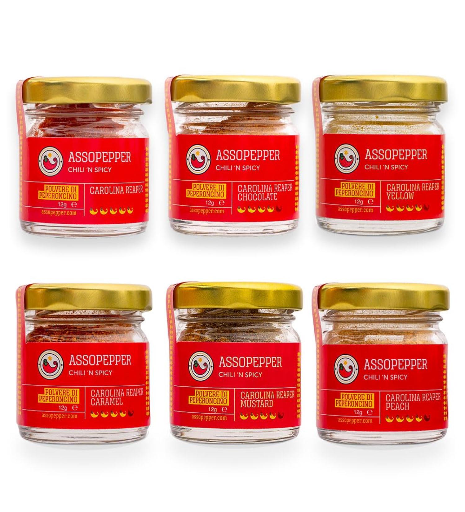 Assopepper di Massimo Utro SIX PACK OF CAROLINA REAPER RED YELLOW CHOCOLATE CARAMEL PEACH AND MUSTARD 12g POWDER IN SUPERHOT POWDER