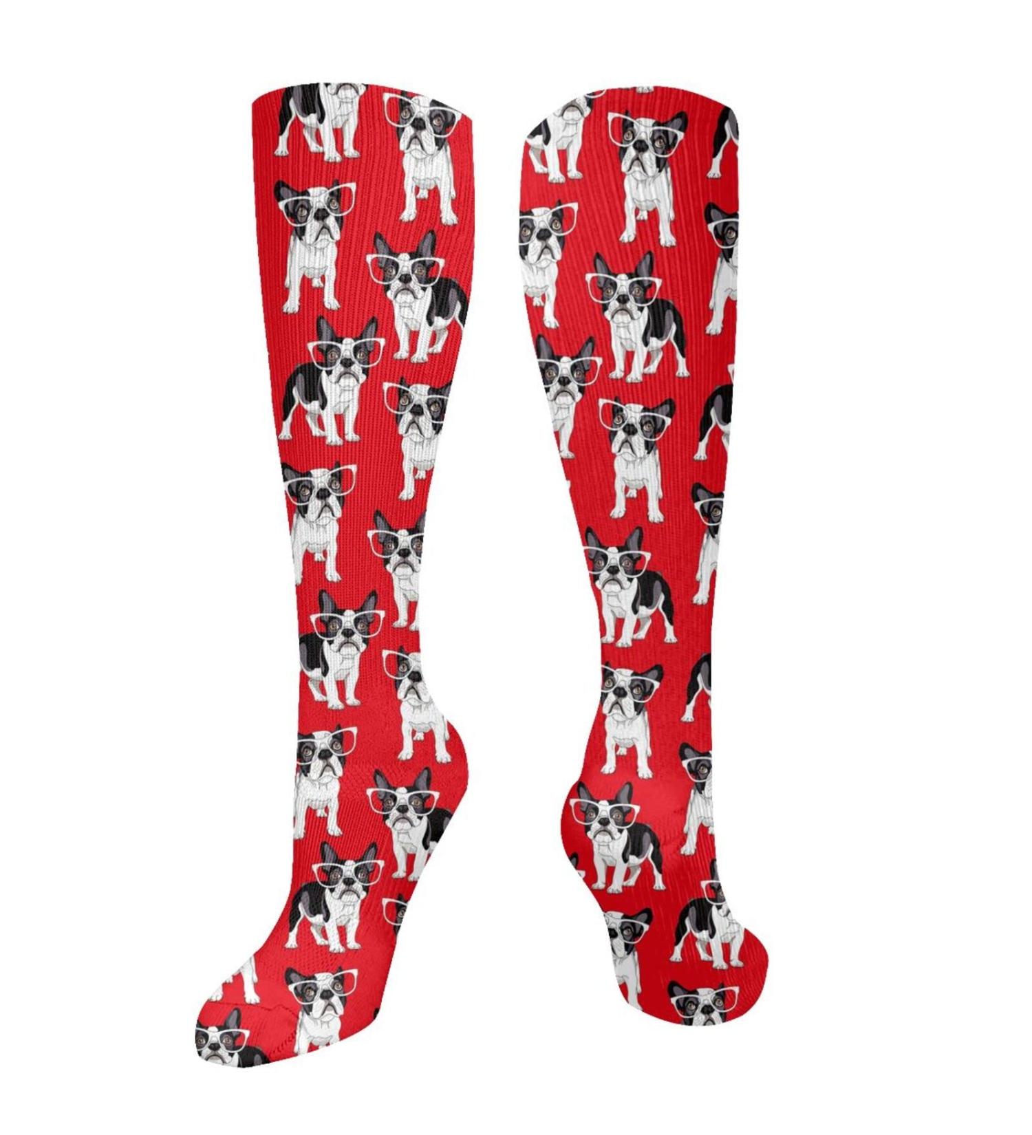 French Bulldog Glasses Compression Socks for Women & Men - 15-20 mmHg Support for Running & Cycling on Red Background - Buy Online on GoSupps.com