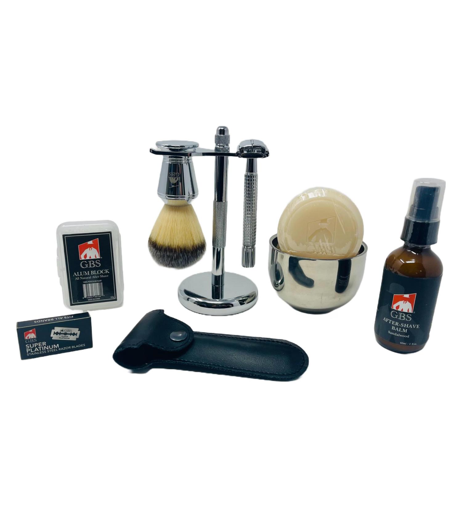 Premium G.B.S Shaving Gift Set - Long Handle Double Edge Razor Alum Block Natural Soap & Brush | Perfect Grooming Kit for Men - International Shipping Available - Buy Online on GoSupps.com