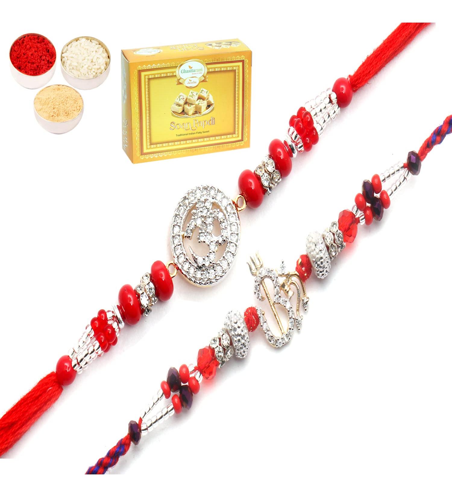 Ghasitaram Gifts Rakhi for Brother Rakhis Online - Set of 2 Chants of Om and Blessings of The Highest Aura Premium Rakhis with 200 GMS of Soan Papdi - Buy Online on GoSupps.com