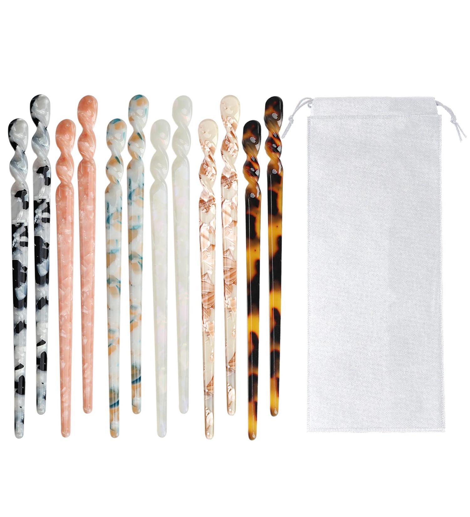 12 Pcs Acetate Hair Sticks Chinese Hair Pins Chopsticks Vintage Leopard Print Tortoise Shell Hairpins with Storage Bag - Buy Online on GoSupps.com