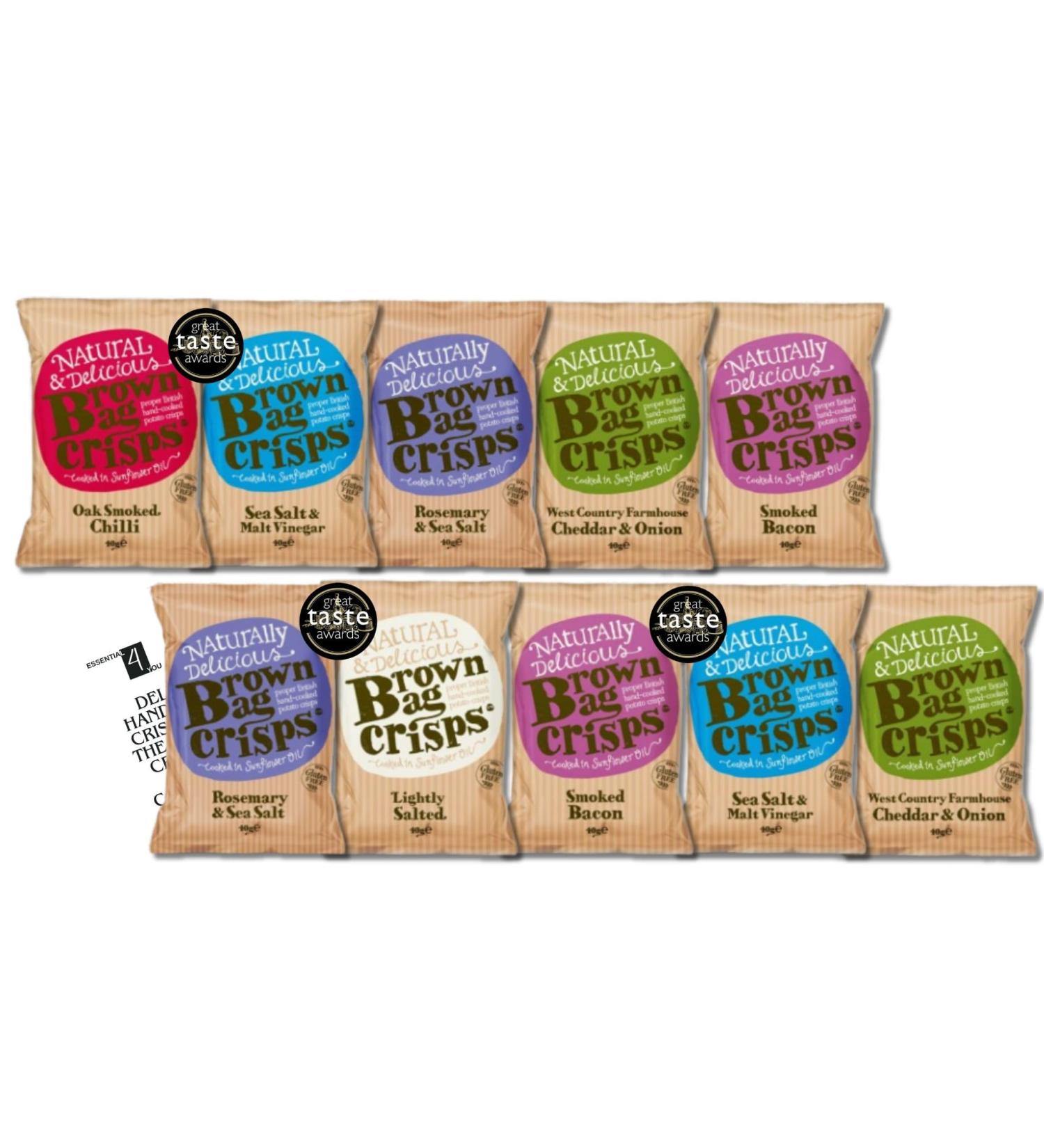 Brown Bag Crisps the best bulk crisps Crisps Multipack (10-Pack 40g) - Vegan and Gluten-Free Snacks with Cheese and Onion Salt and Vinegar Prawn Cocktail Flavours The Perfect Pub Snacks at home - Buy Online on GoSupps.com