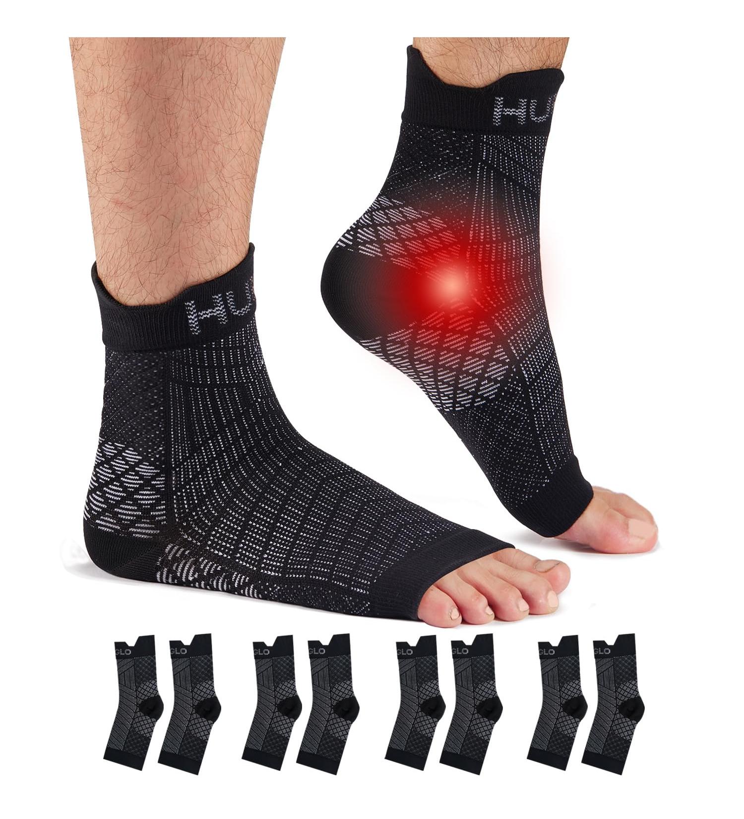 HUEGLO Plantar Fasciitis Compression Socks - 4 Pairs, Ankle Support Brace for Men & Women, Pain Relief, Anti-Slip Foot Support - Black - Buy Online on GoSupps.com