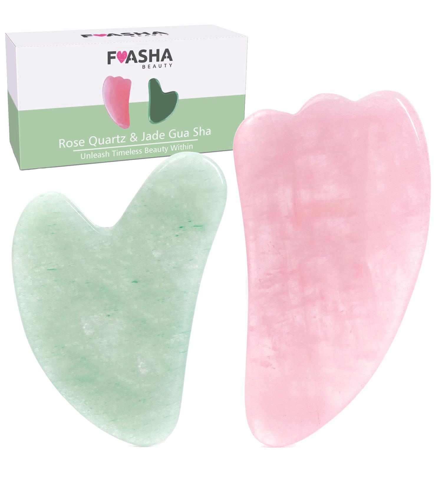 Fuasha Gua Sha Facial Tools Set - Premium 2-in-1 Jade & Rose Quartz | Lymphatic Drainage Massage Stone for Face | Sculpting Pack & Guasha Tool - Buy Online on GoSupps.com