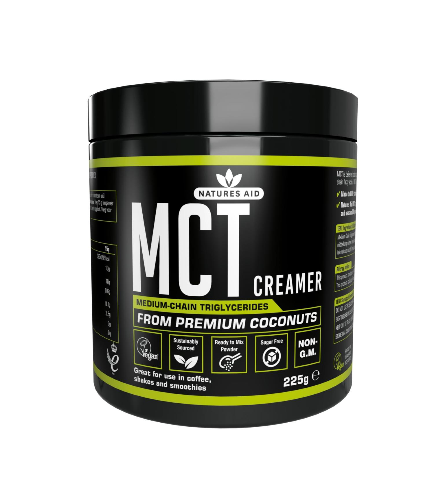Natures Aid MCT Oil Creamer Powder - Add to Coffee Shakes Smoothies - 100 Percent Premium Coconut Oil Pure Sustainably Sourced Vegan Vegetarian GMP Standards Rapid Absorbed for Energy MCT Oil Creamer Powder 225g - Buy Online on GoSupps.com