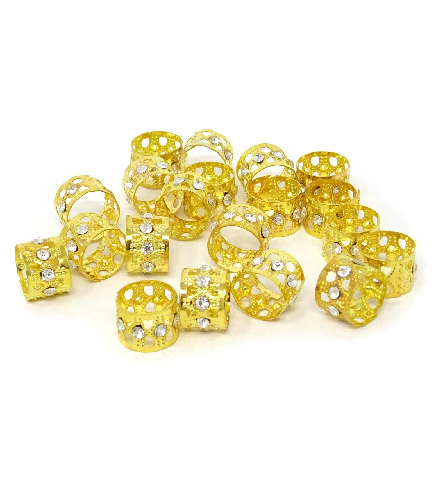 Honbay Gold Rhinestone Hair Rings 20PCS - Dreadlocks Beads Braid Hair Cuffs Heart Hollow Out - Buy Online on GoSupps.com