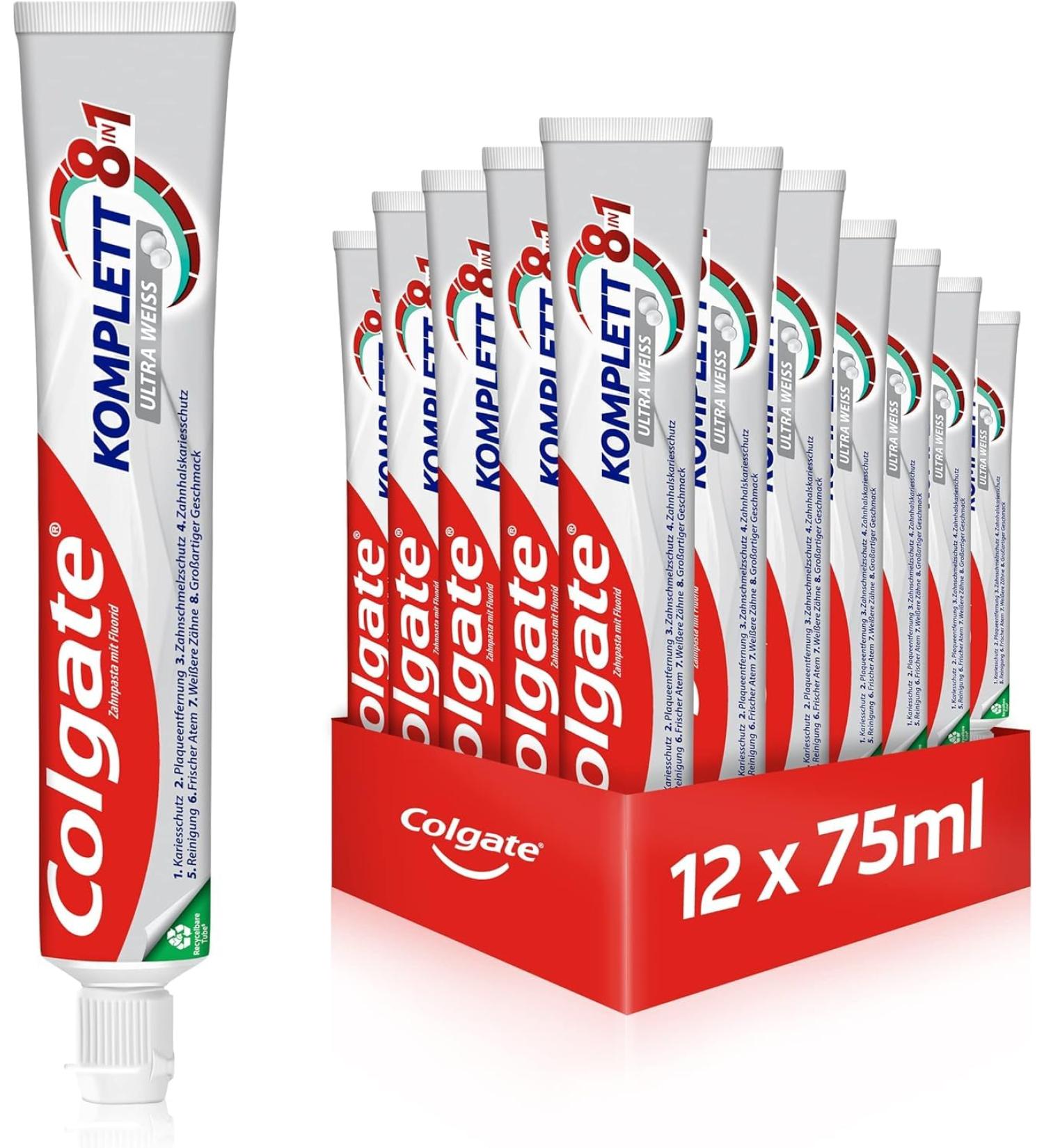 Colgate Complete Ultra White Toothpaste 12x75ml - Gentle Discoloration Removal & All-Round Protection for Healthy Teeth - Natural Tooth Whitening - Buy Online on GoSupps.com