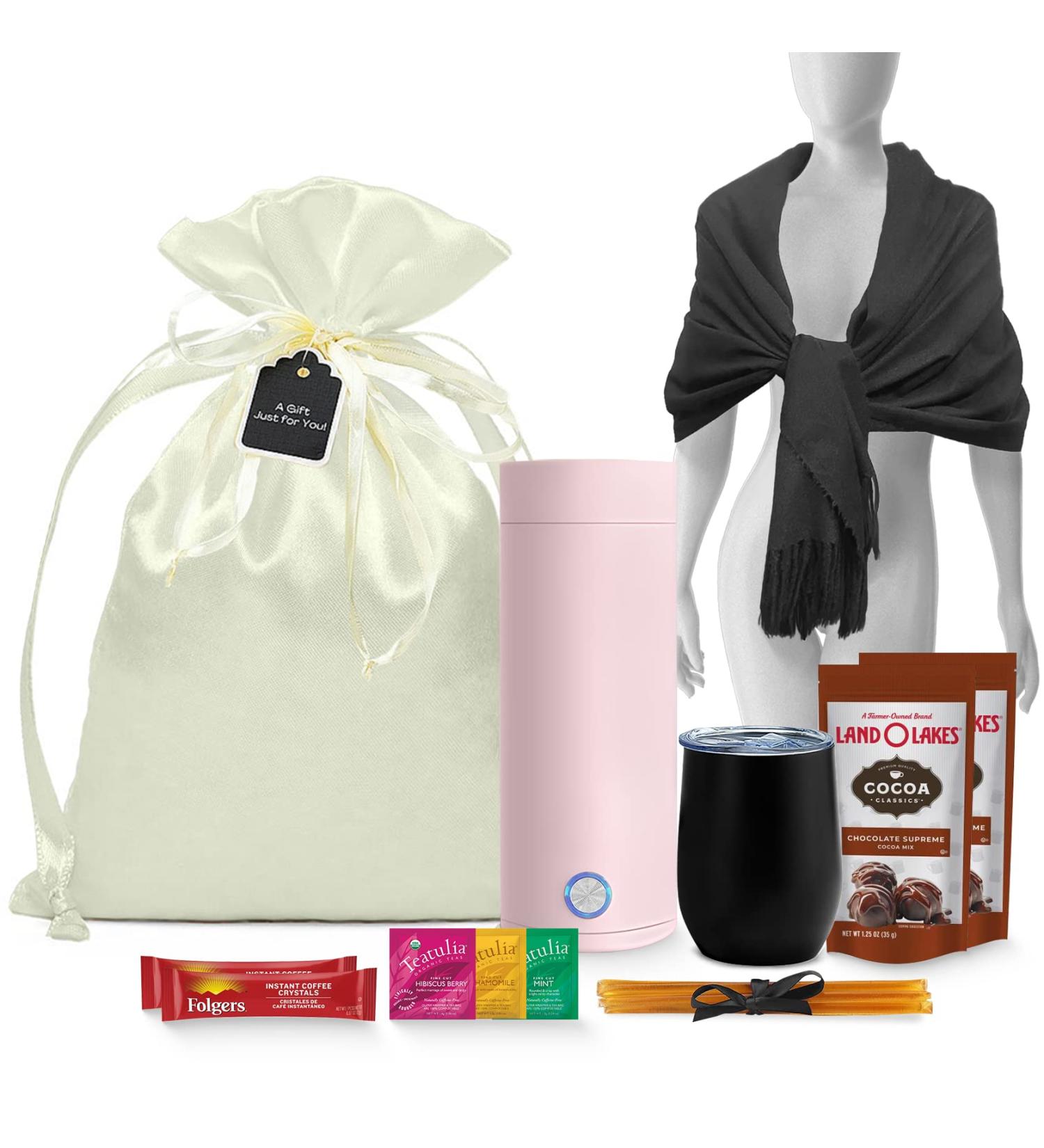 Women's Gift Set: Portable Kettle, Organic Tea, Honey, Hot Cocoa, Coffee, Pashmina Shawl | Birthday Basket for Friendship, Self-Care, Teacher, Mom - Buy Online on GoSupps.com