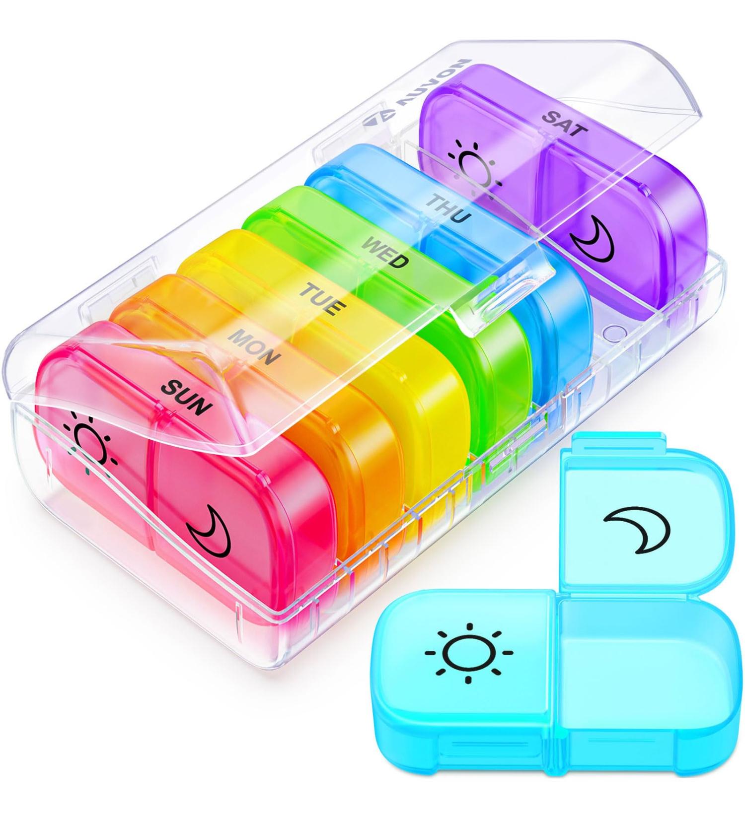 AUVON XL Weekly Pill Organizer - 2 Times a Day Easy Fill AM PM Pill Box 7 Day Portable Travel Case for Vitamins & Supplements - Rainbow Colors - Buy Online on GoSupps.com